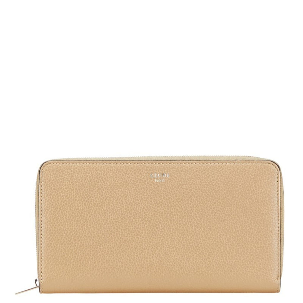 Celine long wallet with round zipper, beige leather, women's.