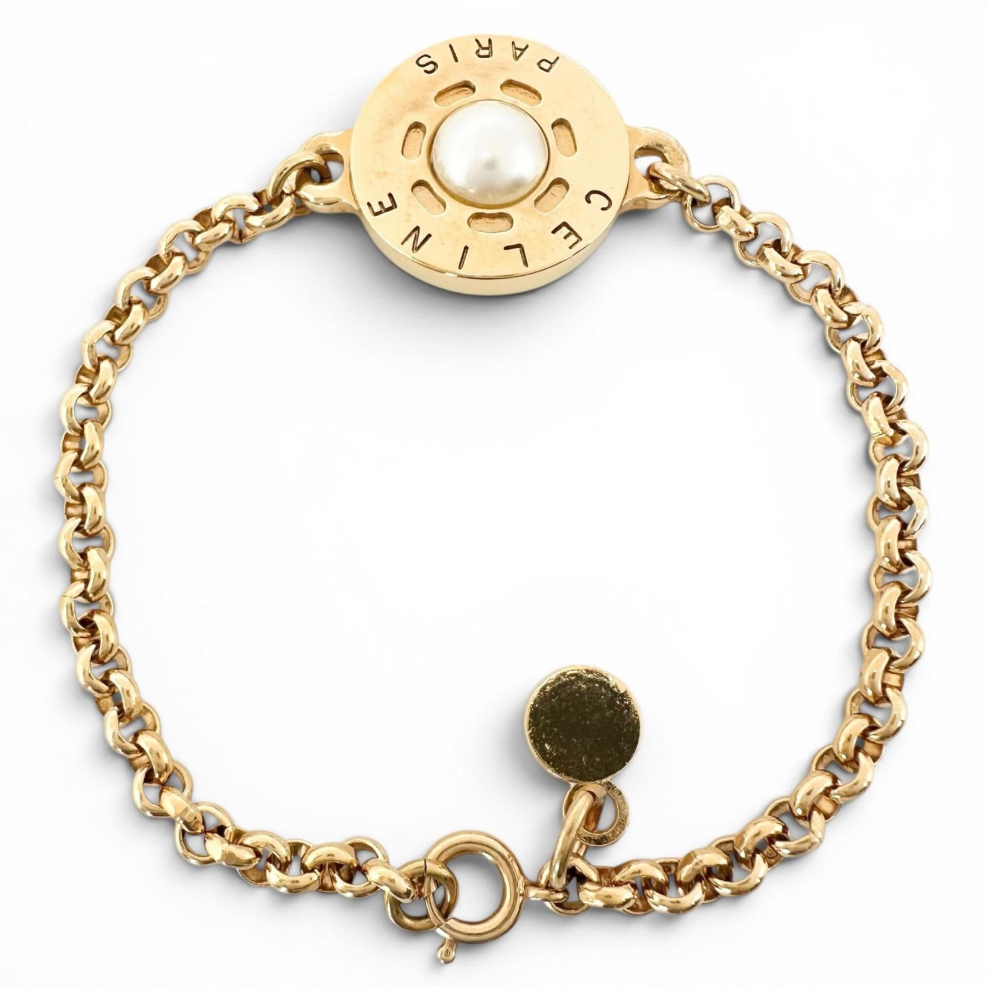 CELINE Vintage Faux Pearl Plated Circle Logo Bracelet, Gold, Made in France, Women's — Like New