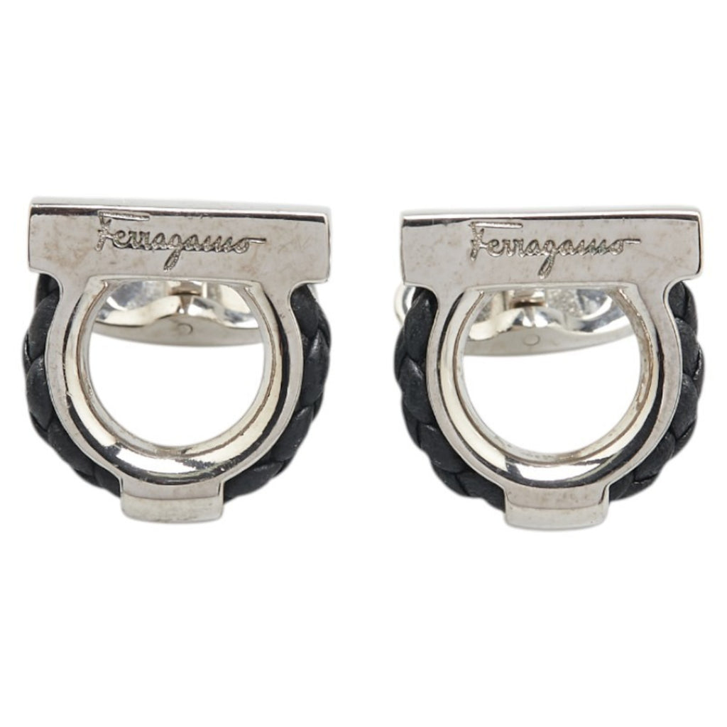 Salvatore Ferragamo Gancini Cufflinks in Silver and Black Metal with Leather, Men's