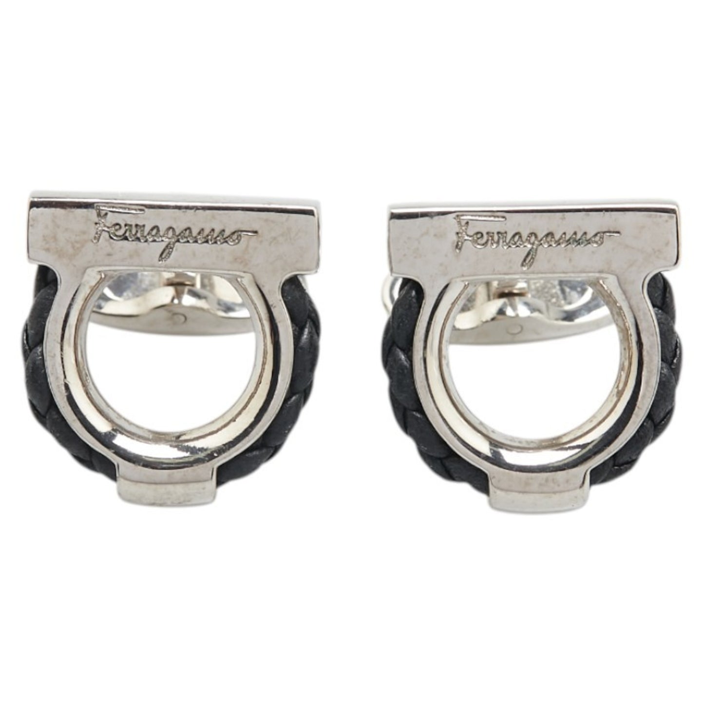 Salvatore Ferragamo Gancini Cufflinks in Silver and Black Metal with Leather, Men's