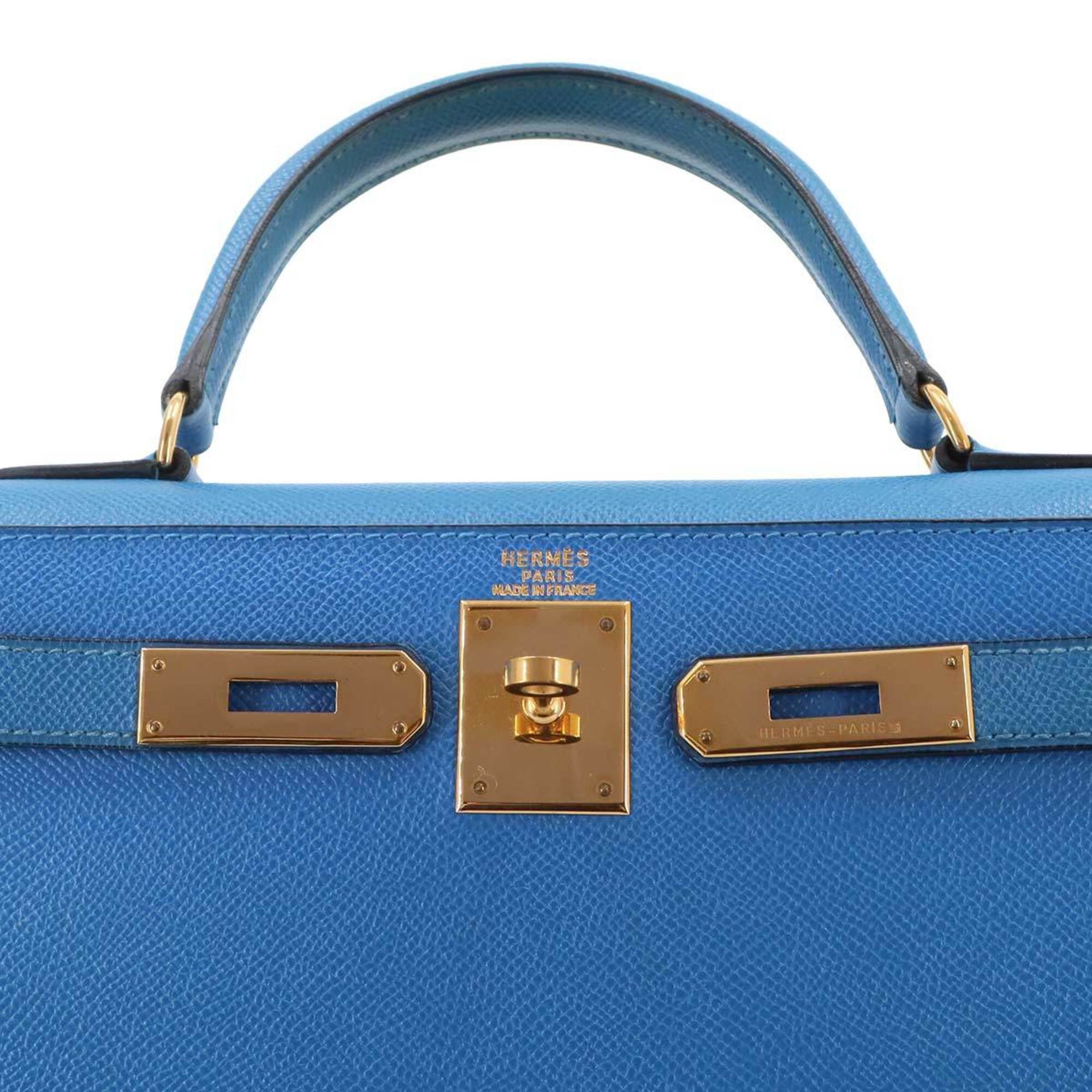 Hermes Kelly 28 2-way Hand/Shoulder Handbag, Courchevel Epsom Leather, Blue France, External Stitching, □A Stamp, Made in 1997, Gold Hardware — Like New