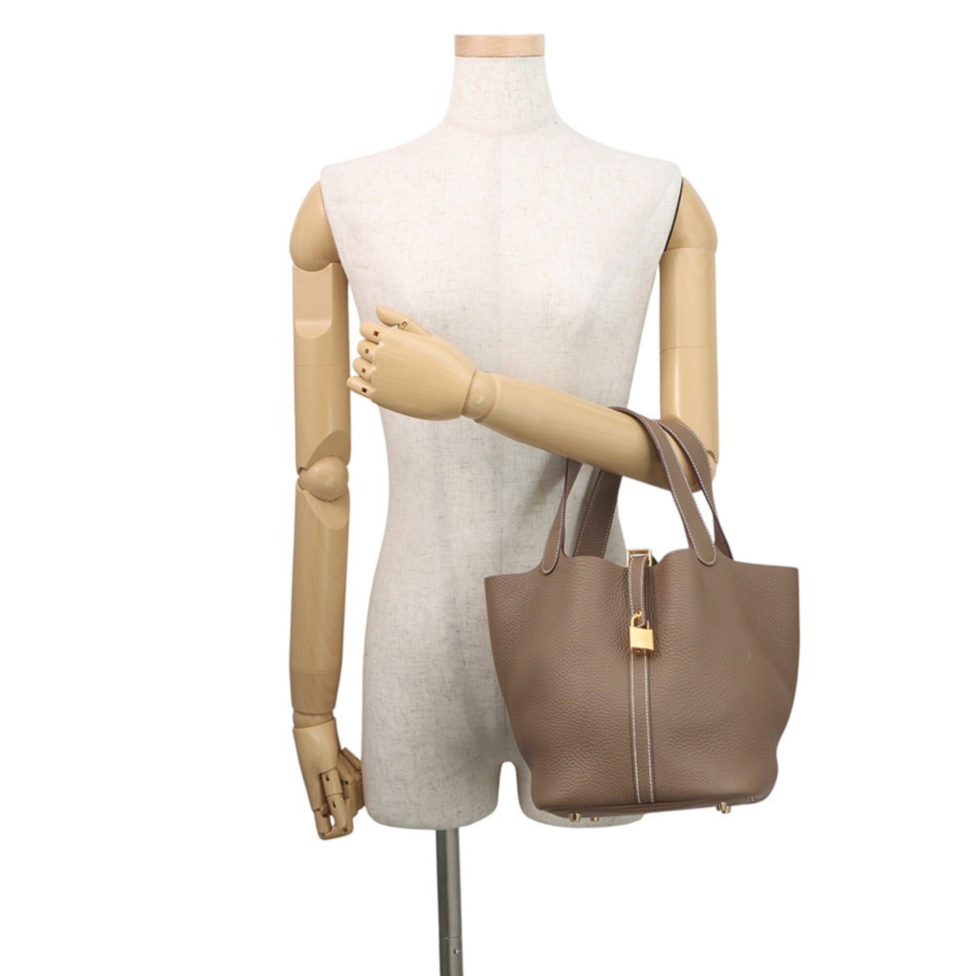 Hermes Picotin Lock MM Handbag, Etoupe, Taurillon Clemence Leather, B Stamp, HERMES Tote Bag, Lock, Picotin, Women's — Like New