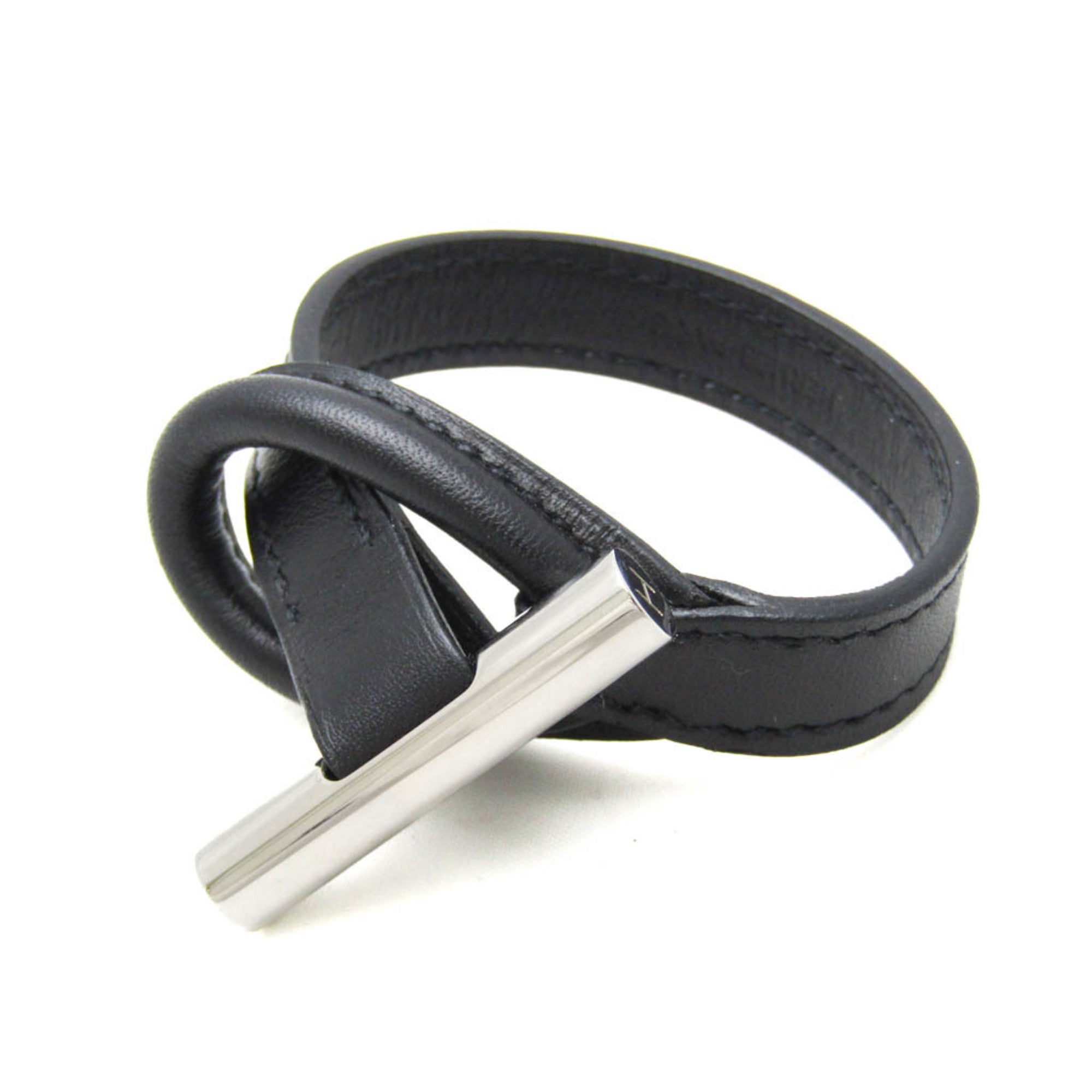 Hermes Leather,Metal Bangle Black,Silver — Like New