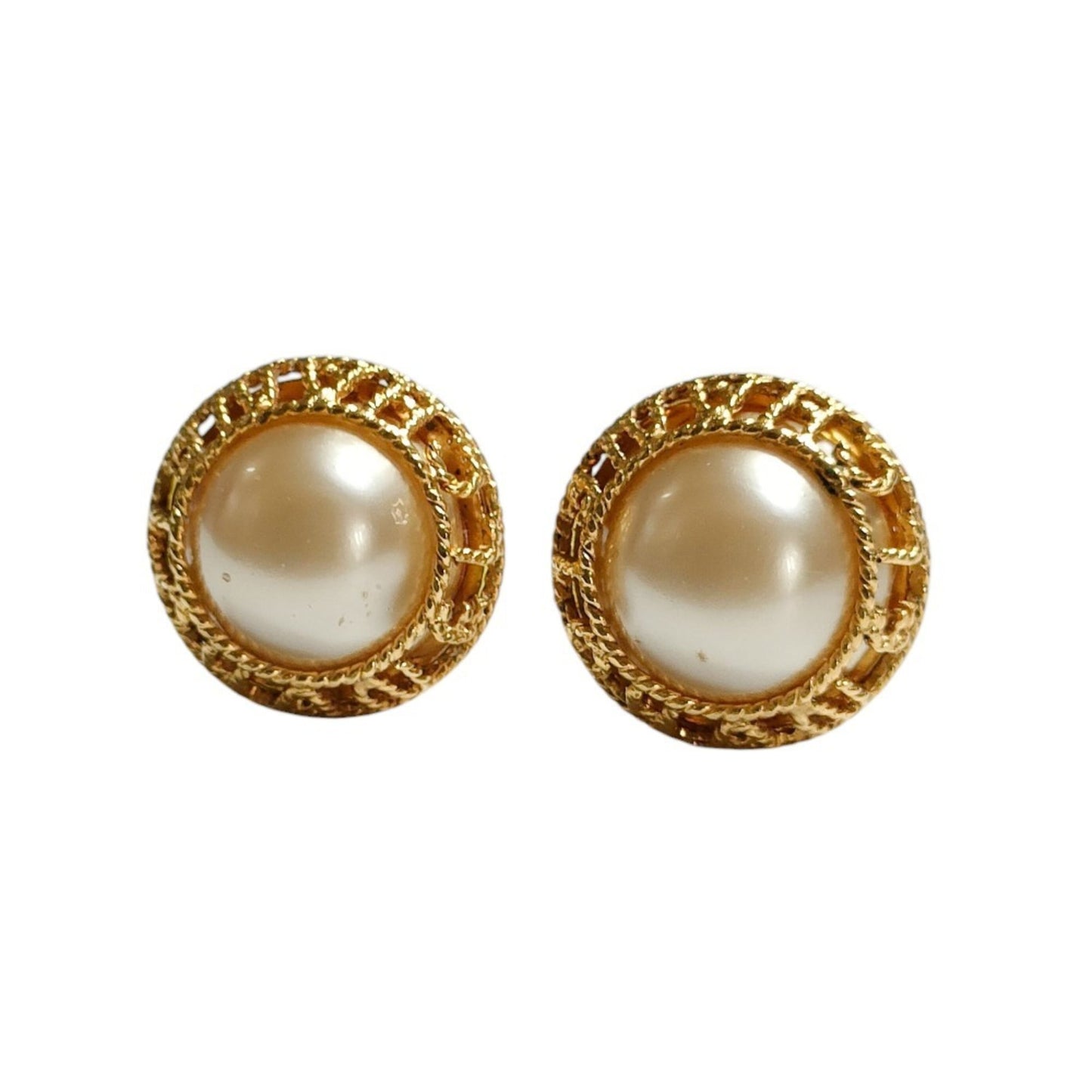 CHANEL Vintage Faux Pearl Circle Clip Earrings, Gold, with Box, Women's