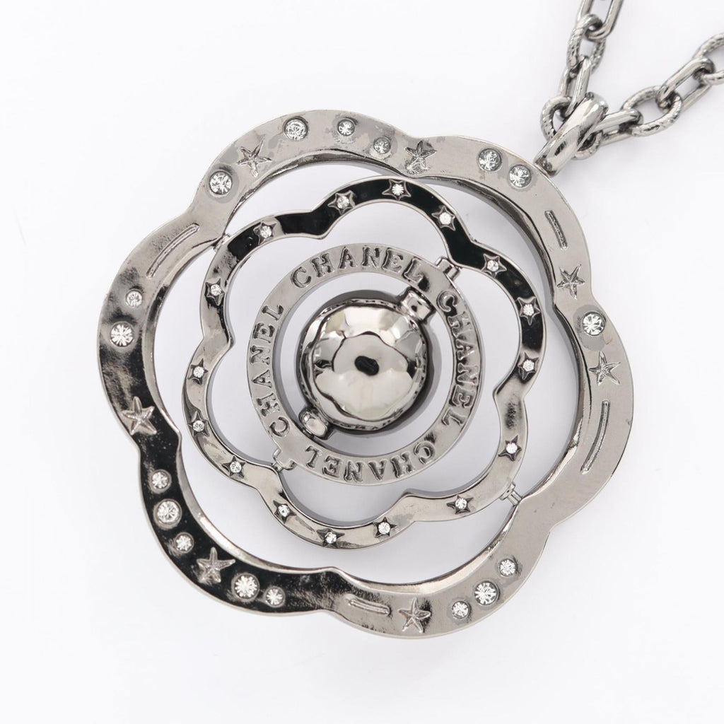 CHANEL Camellia Coco Mark Necklace, Stainless Steel with Faux Pearls and Rhinestones, Silver Clear