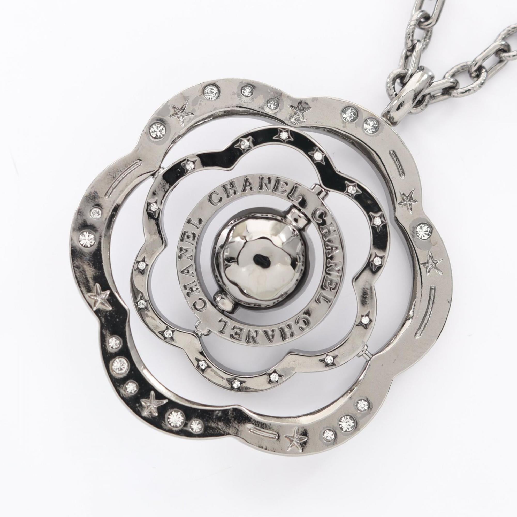 CHANEL Camellia Coco Mark Necklace, Stainless Steel with Faux Pearls and Rhinestones, Silver Clear