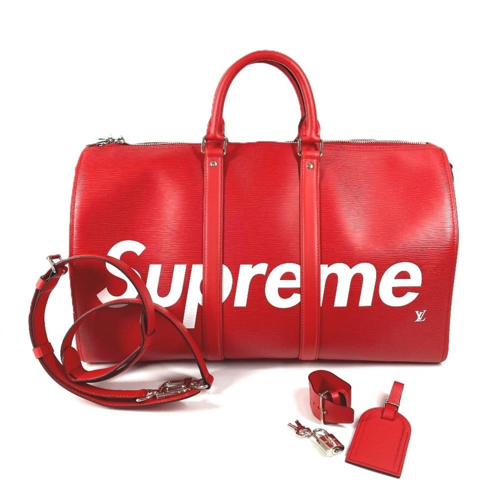 LOUIS VUITTON M53419 Epi Leather x Supreme Collaboration Keepall Bandoulière 45 Travel Bag, Boston Men's, Red, Like New — Like New
