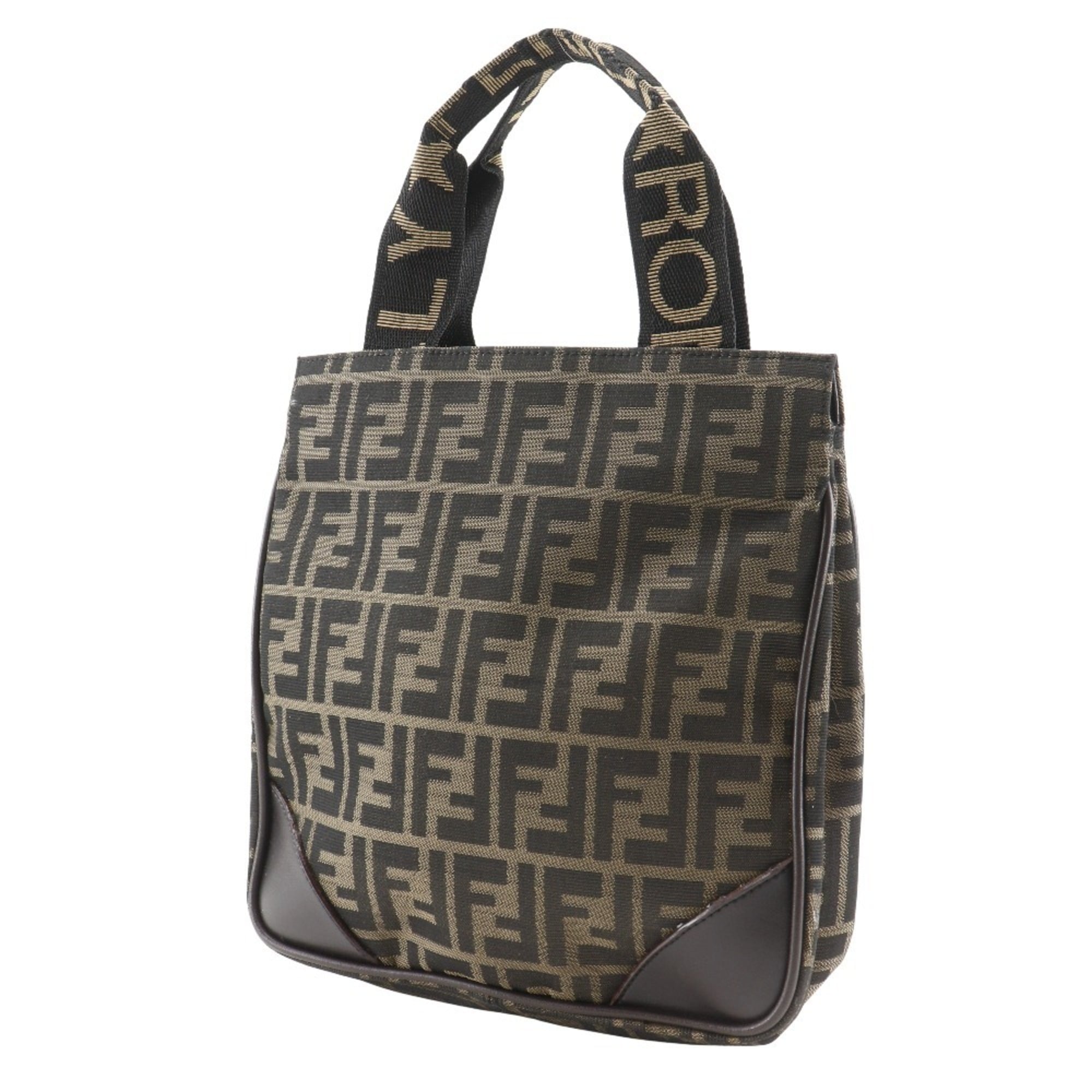 FENDI Mini Tote Handbag, Zucca Pattern, Nylon Canvas, Brown, A5 Size, Women's