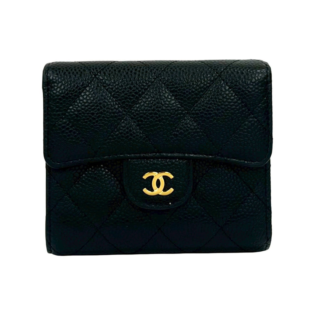 CHANEL Matelasse Coco Mark Caviar Leather Tri-fold Wallet, Black, 64570