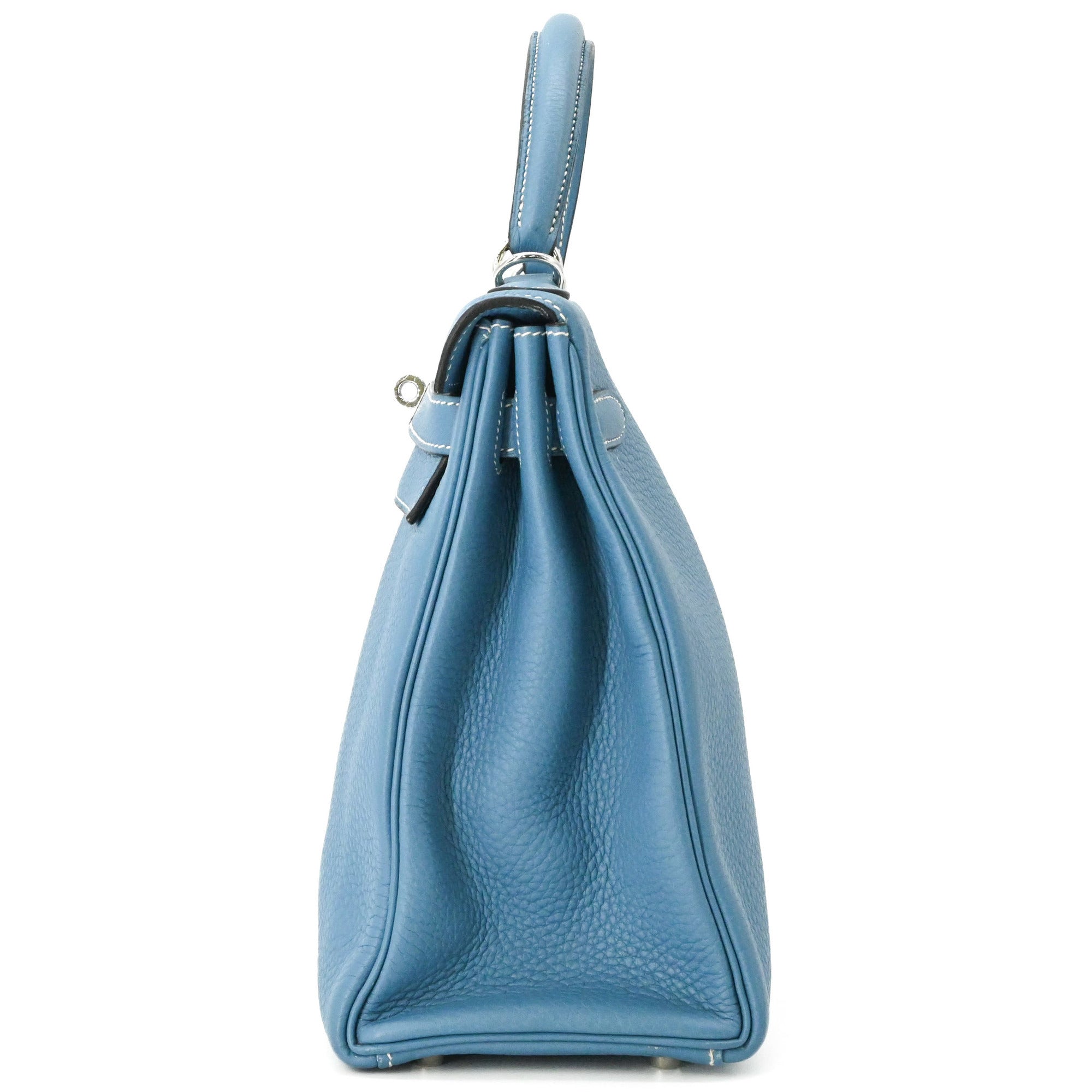 HERMES Kelly 28 Handbag Tote Bag, Taurillon Clemence Leather, Women's, Blue Jean — Like New