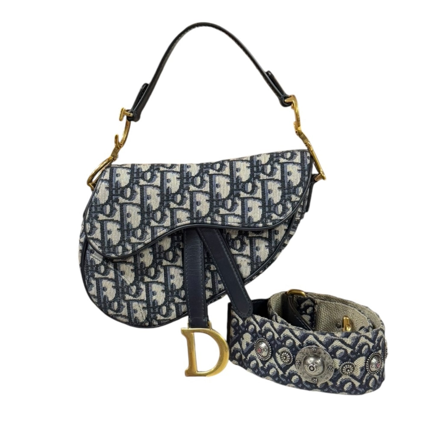 Christian Dior Dior Saddle Bag Mini Oblique Shoulder Canvas Navy Women's 2-way