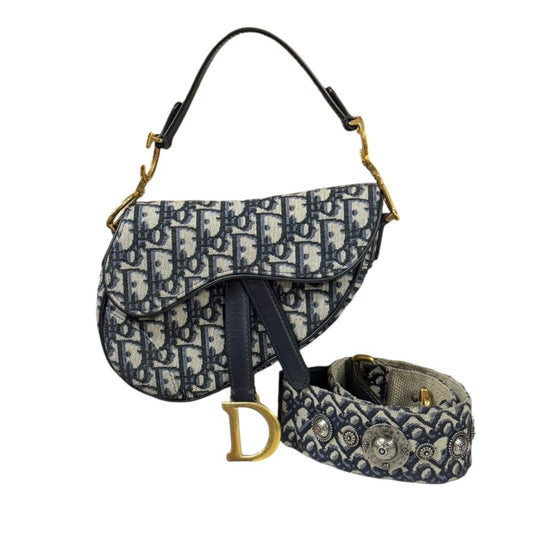 Christian Dior Dior Saddle Bag Mini Oblique Shoulder Canvas Navy Women's 2-way