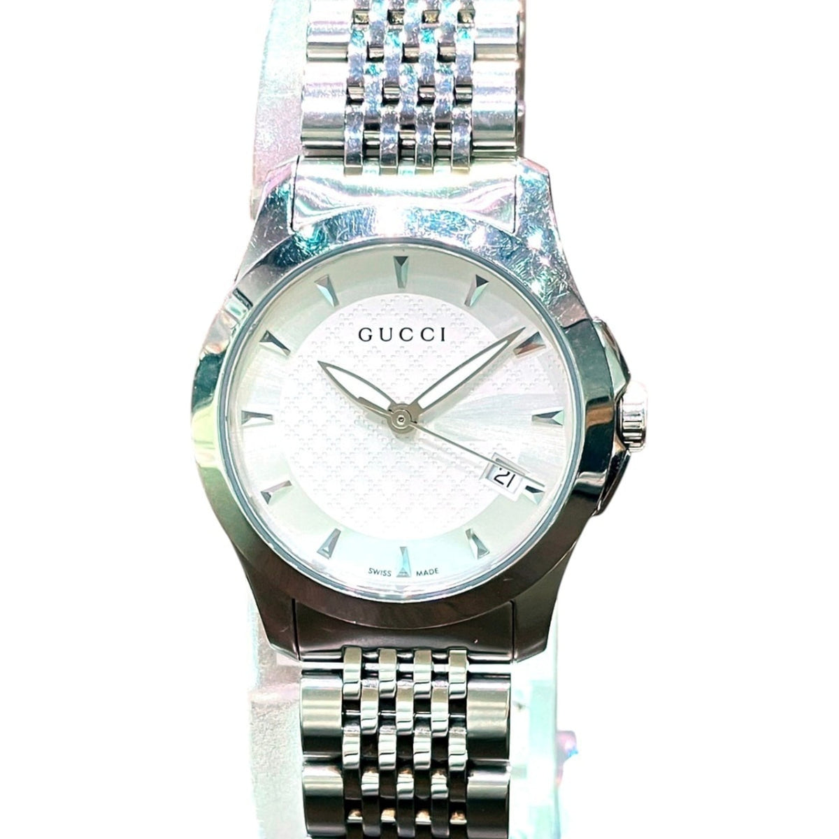 Gucci G-Timeless watch, total weight 57.2g, stainless steel, quartz movement, white dial, 126.5cm — Good