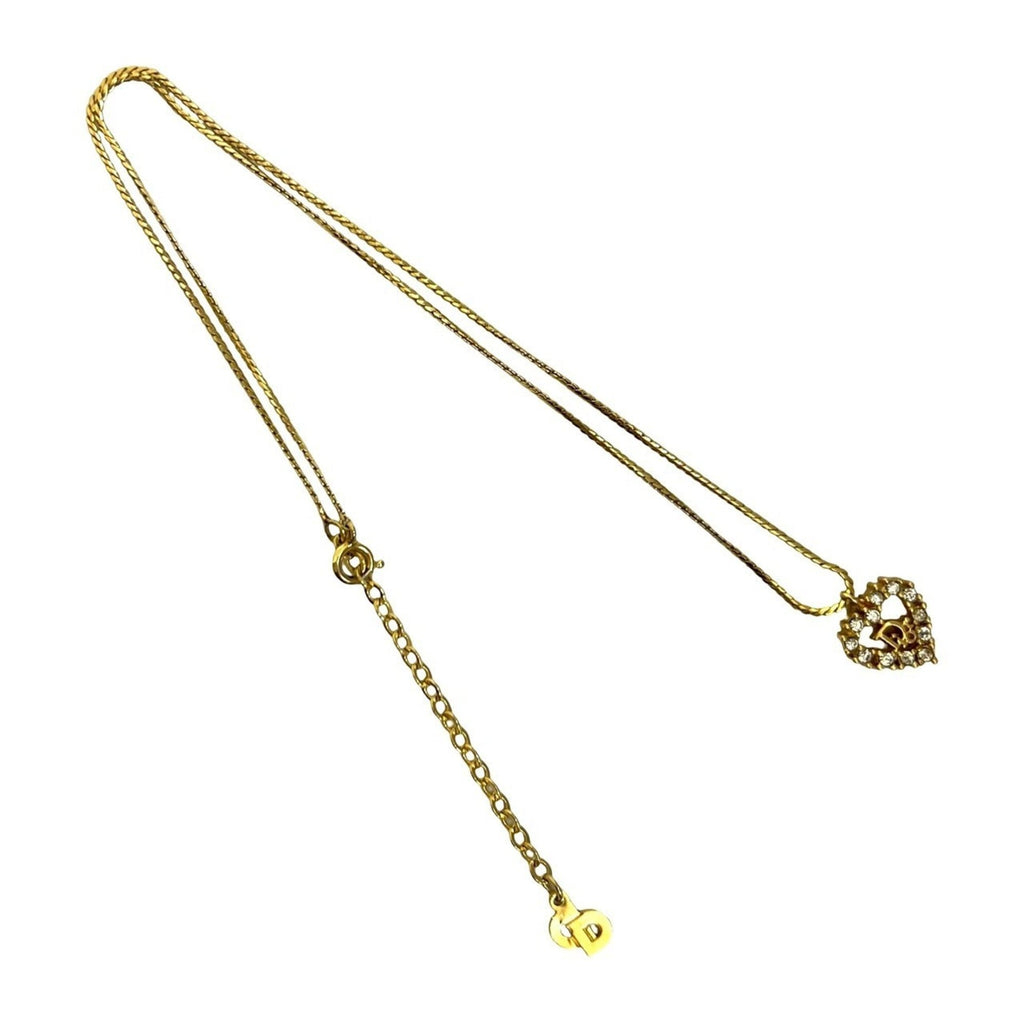 Christian Dior logo heart motif GP rhinestone necklace pendant gold 10266