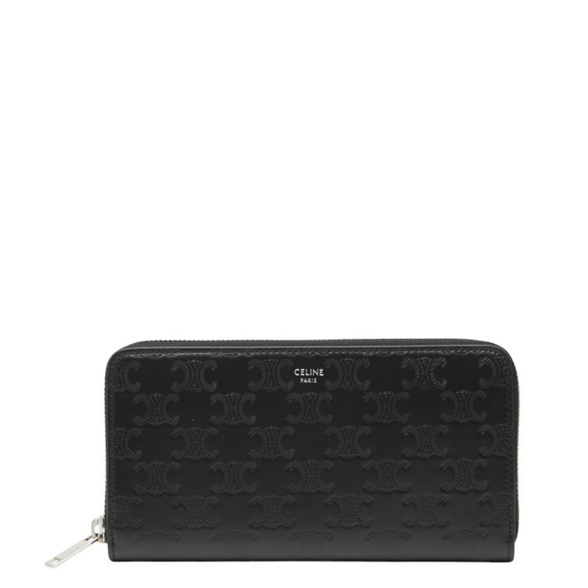 Celine Triomphe round zip long wallet in black leather for women.