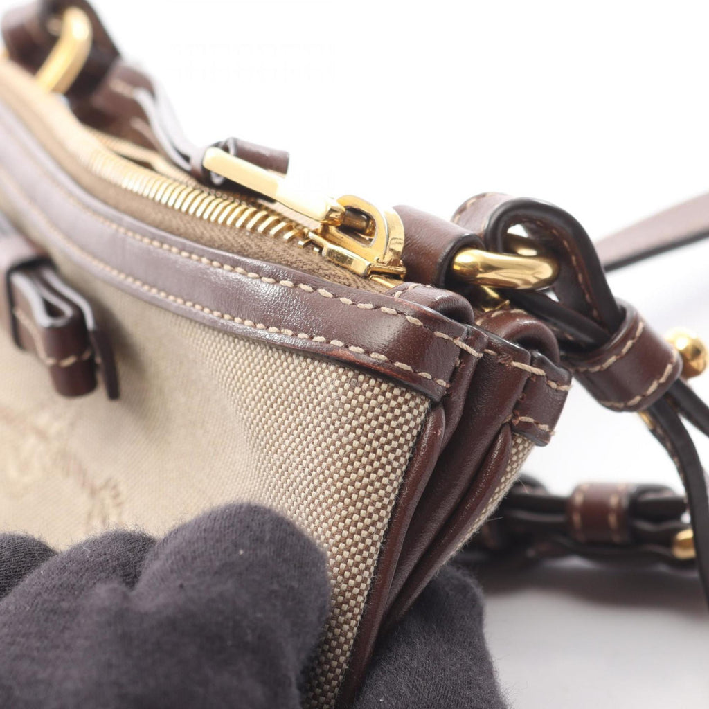 Prada Logo Jacquard Shoulder Bag, Canvas and Leather, Women's, Beige Brown, 1BH050