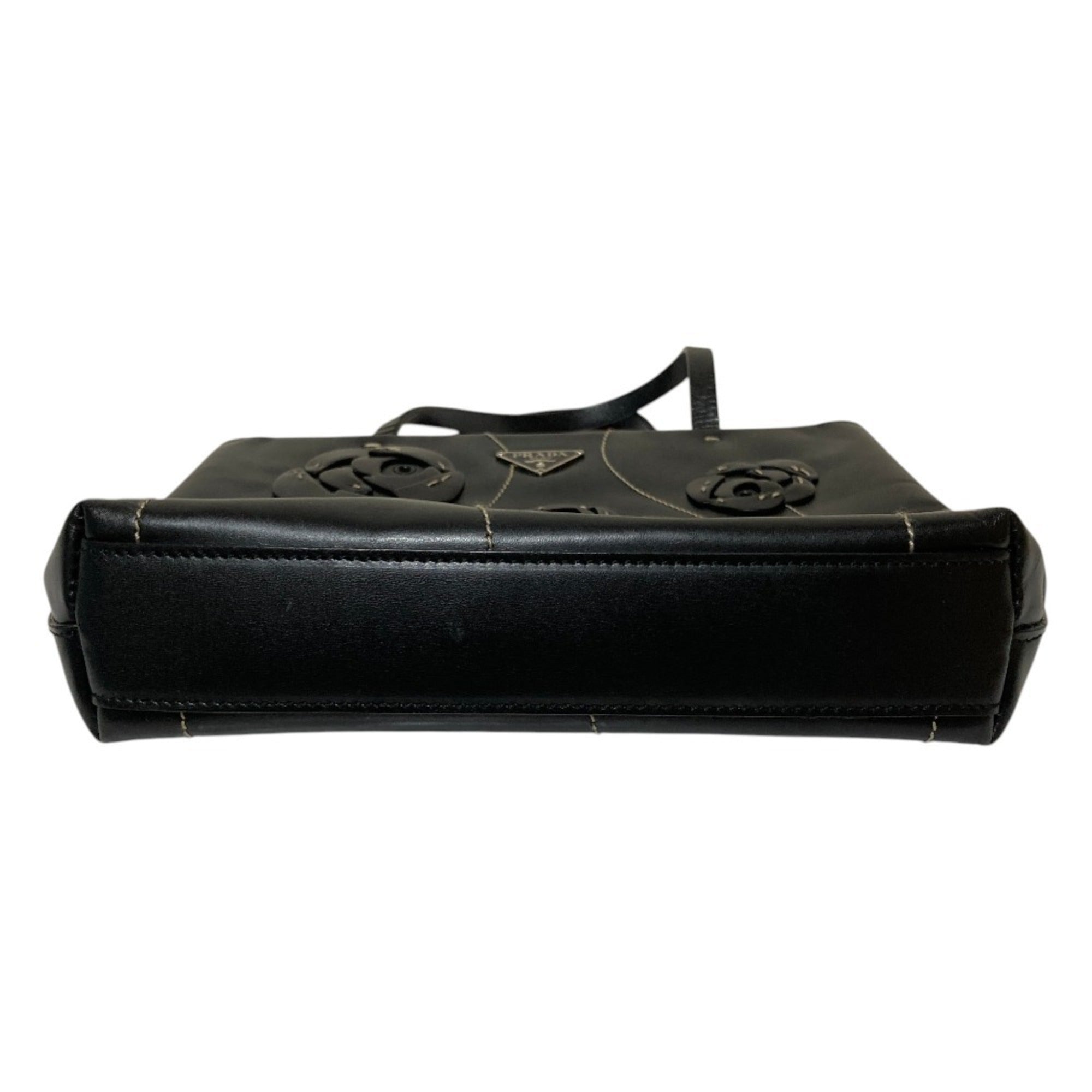 PRADA Triangle Logo Plate Flower Motif Leather Handbag B11285 Black Women's — Like New