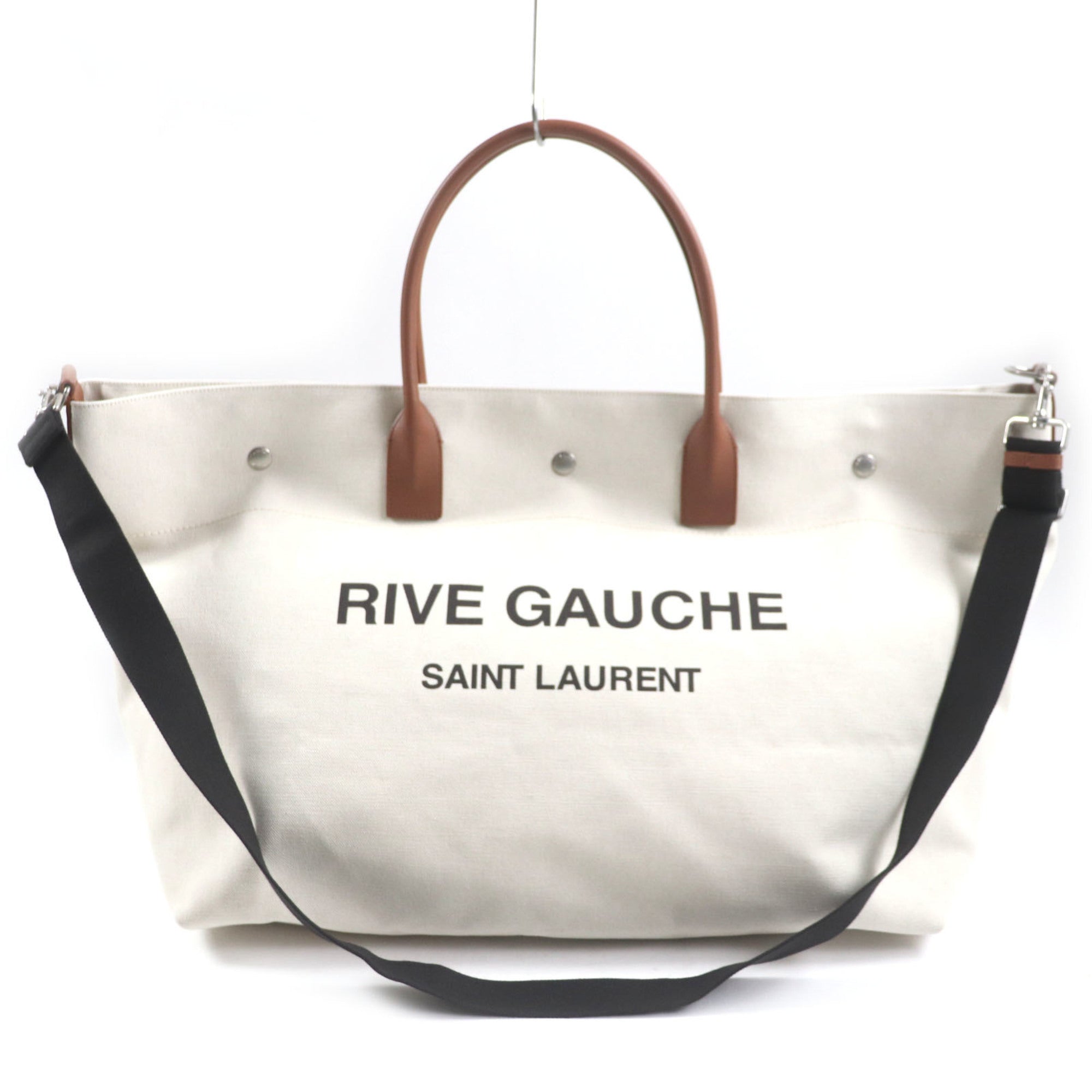 SAINT LAURENT 685543 Rive Gauche Maxi 2-Way Shopping Bag, Canvas and Leather Tote Beige Brown, Includes Dust Made in Italy, Men's — Like New