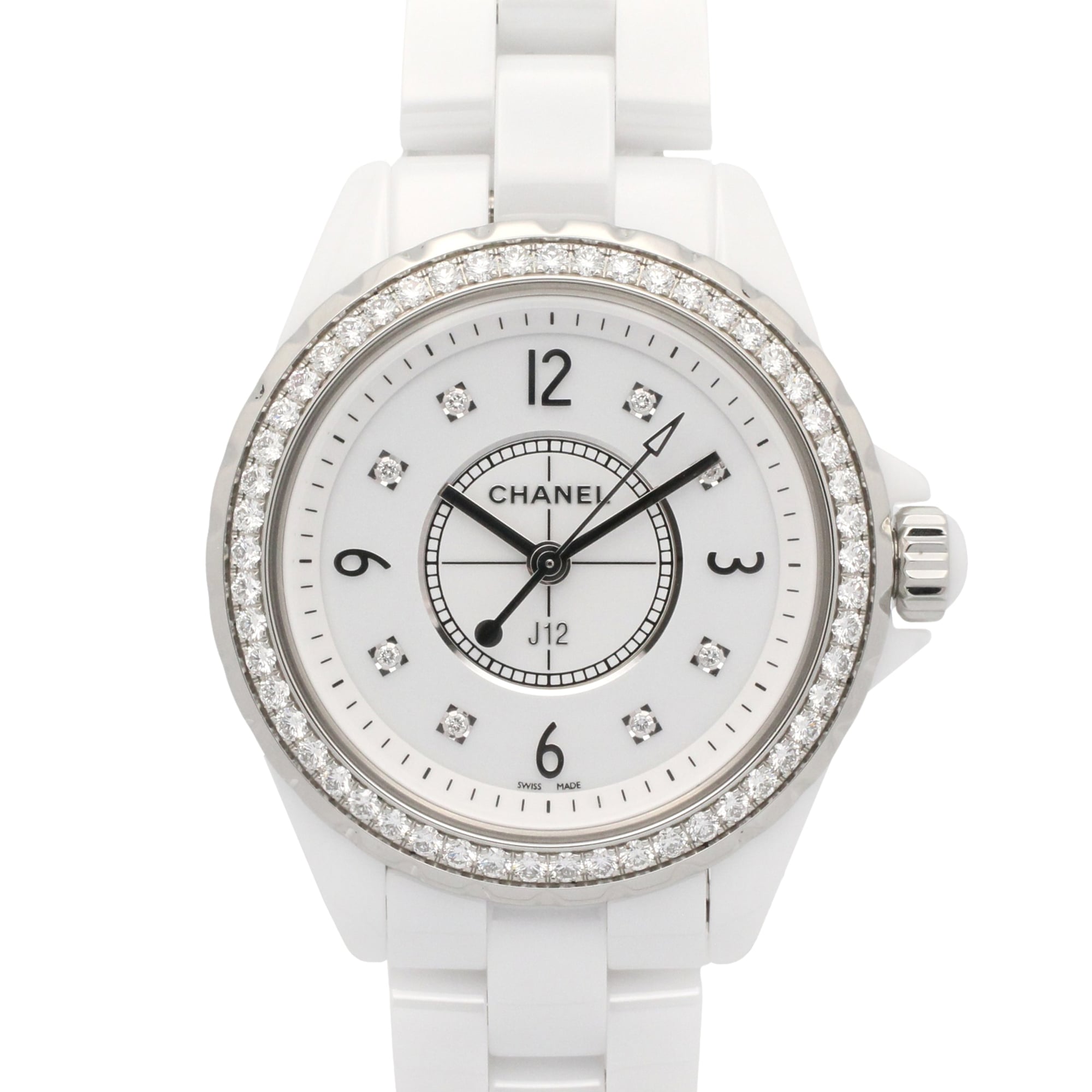 Chanel J12 Diamond Bezel 8-Diamond Watch, Ceramic, Diamond, Ladies, White, H3110 — Very Good