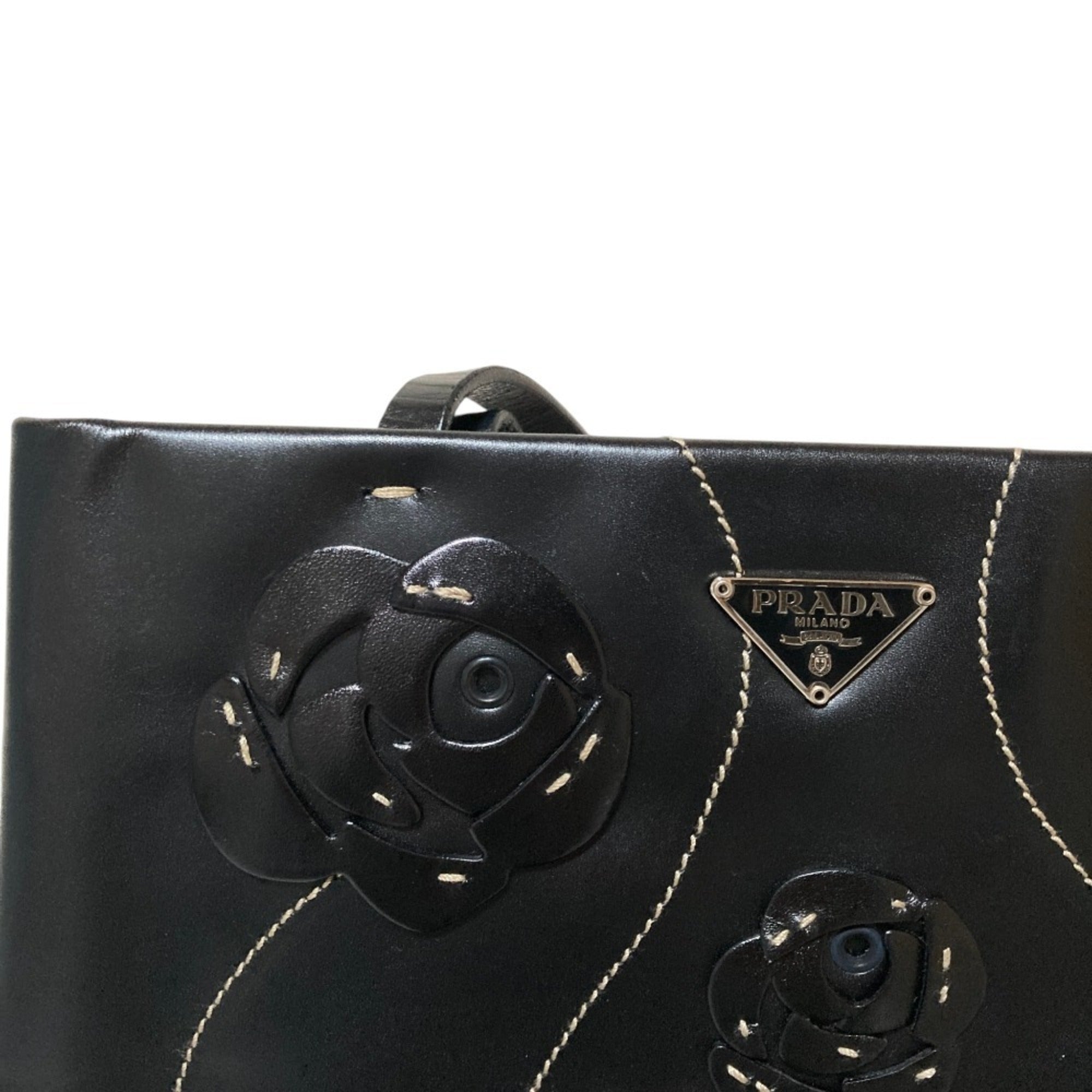 PRADA Triangle Logo Plate Flower Motif Leather Handbag B11285 Black Women's — Like New