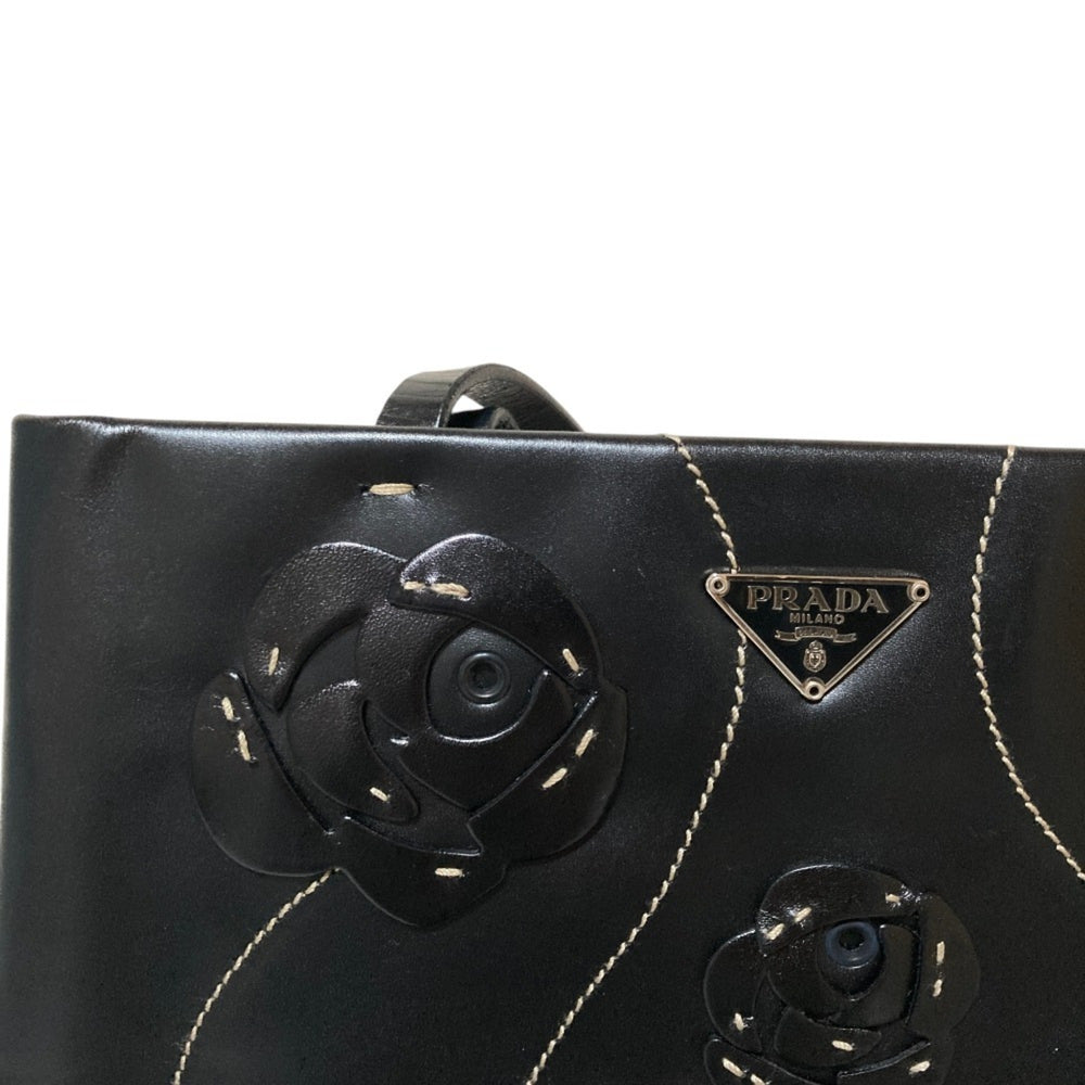 PRADA Triangle Logo Plate Flower Motif Leather Handbag B11285 Black Women's — Like New