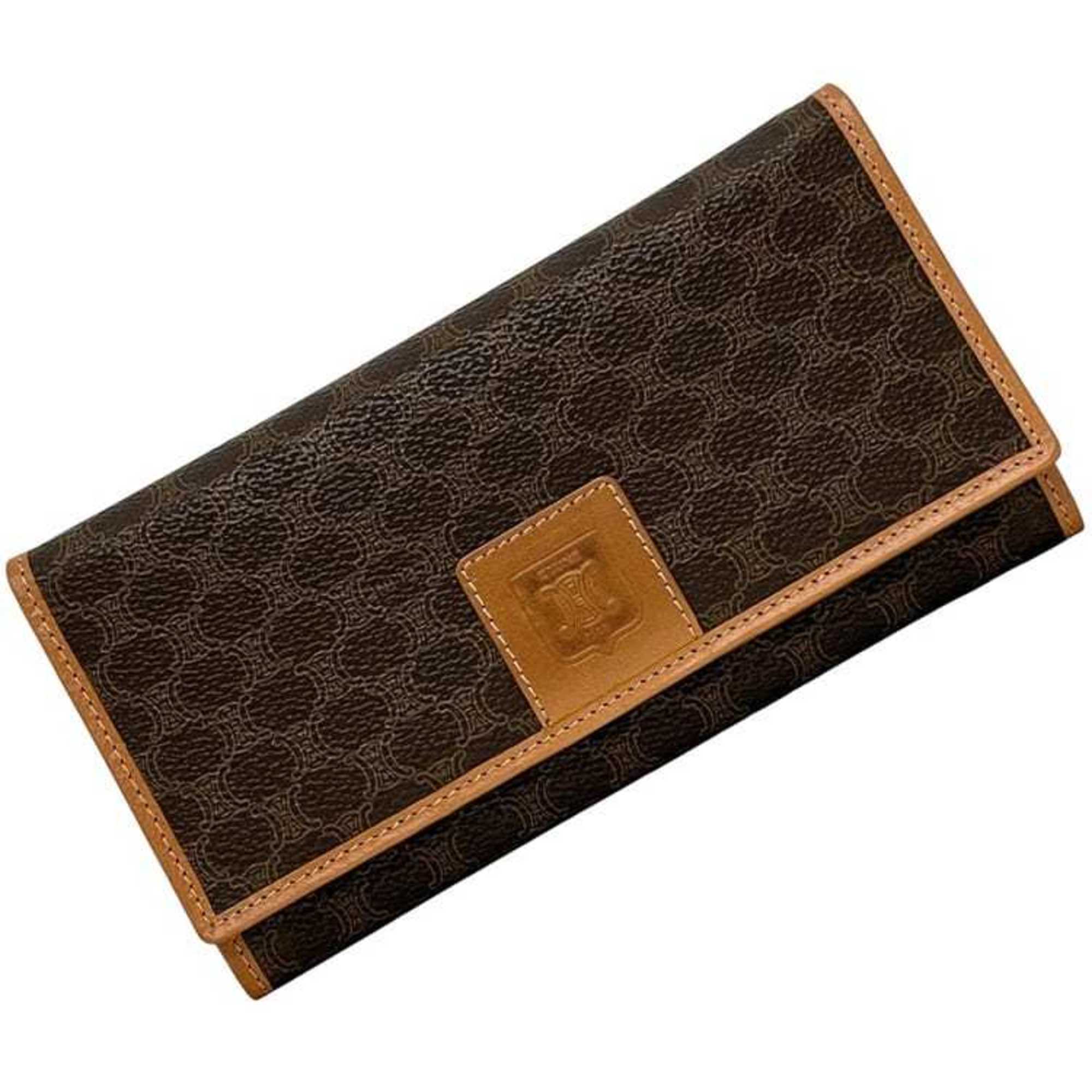 Celine bifold long wallet ec-24595 brown macadam with PVC leather clasp, size M/96. CELINE wallet, brown, for men and women.