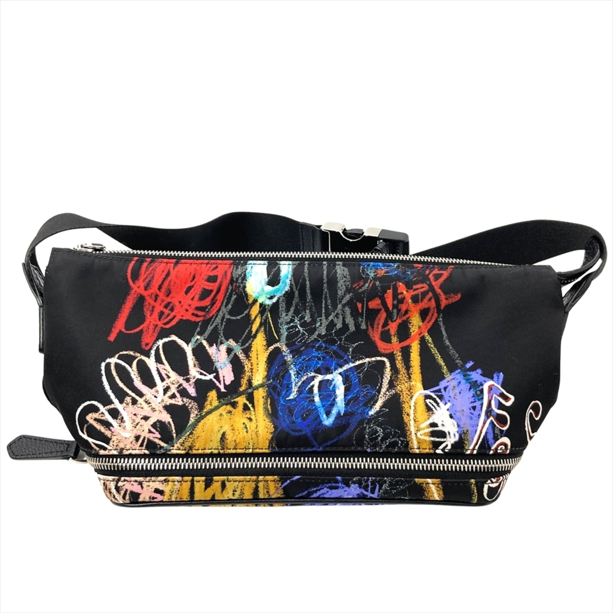 Fendi Noel Fielding collaboration body bag, nylon and leather, 7VA526 AH8T, black with silver hardware graffiti pattern.