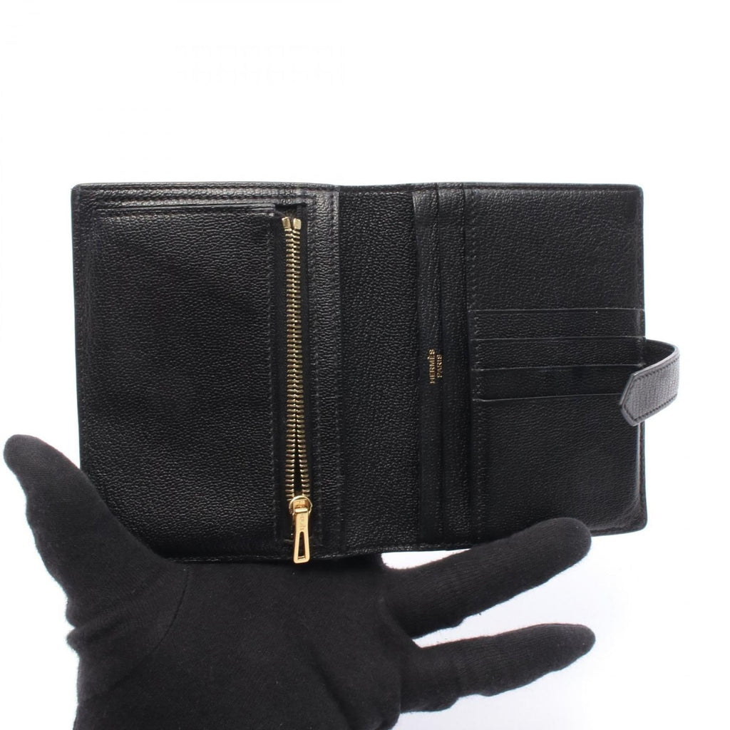 Hermes Hermès Bearn Compact Bifold Wallet, Leather, Chevre, Women's, Black