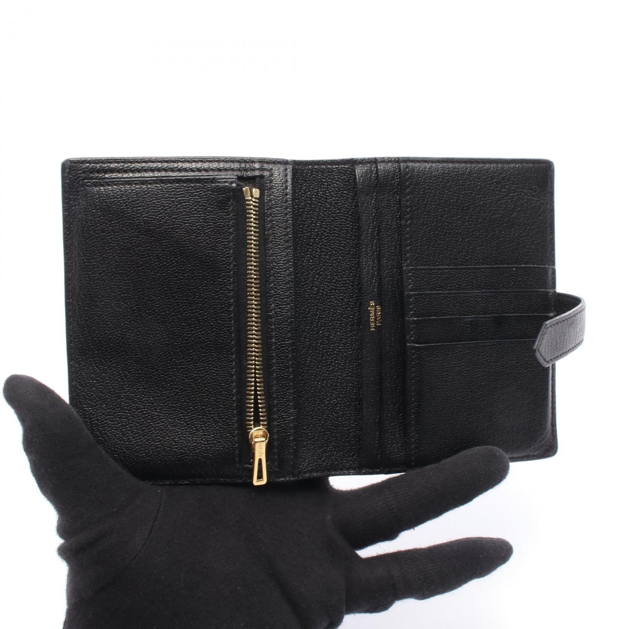 Hermes Hermès Bearn Compact Bifold Wallet, Leather, Chevre, Women's, Black