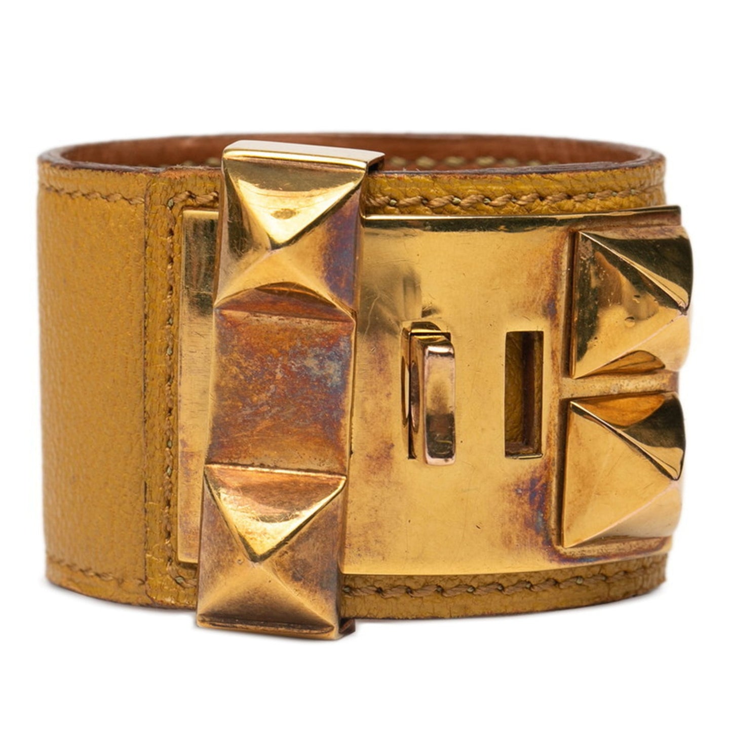 Hermes Collier de Chien Bracelet in Yellow Gold and Leather with Plated Design for Women