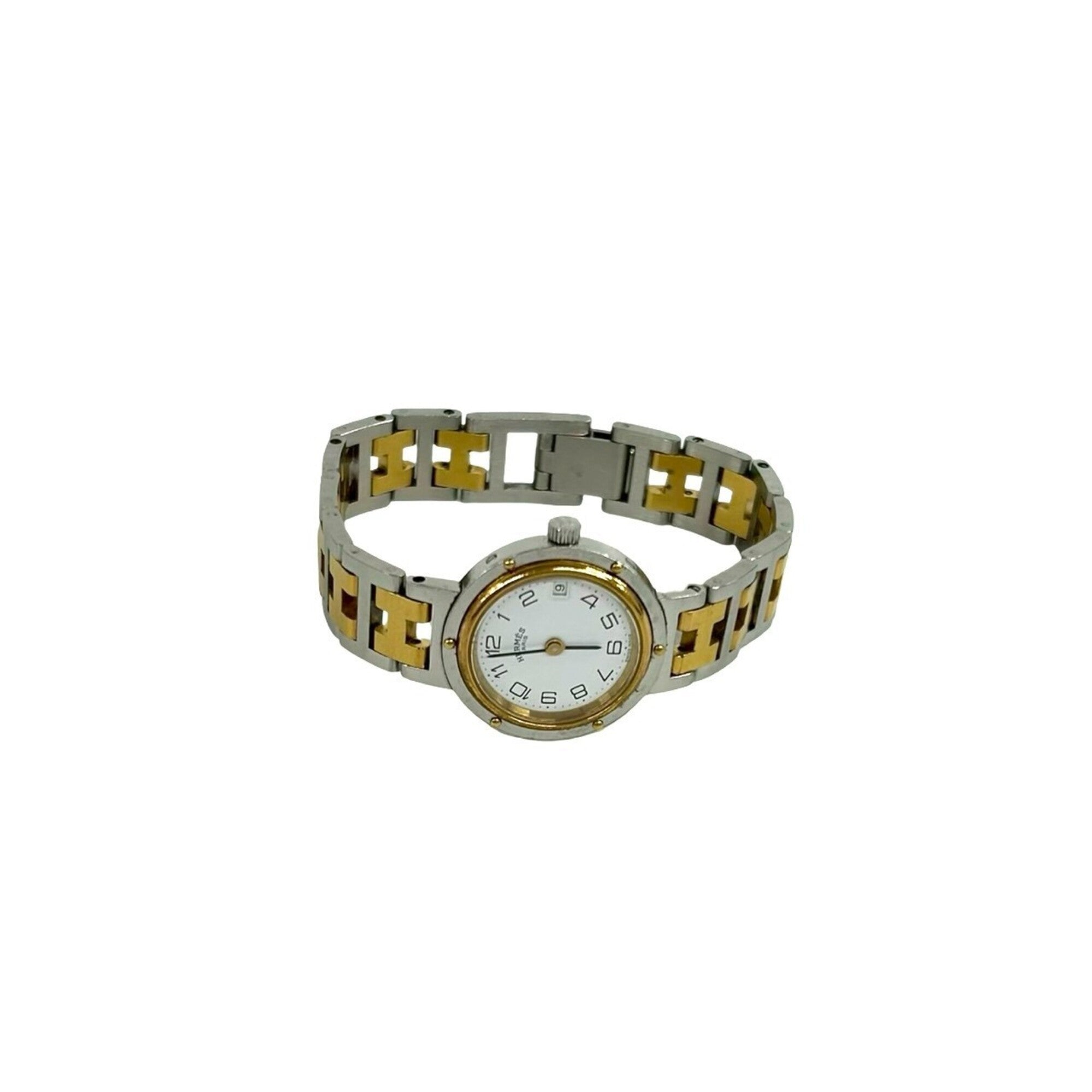 HERMES Vintage Clipper Logo Engraved Stainless Steel GP Wristwatch Silver Gold 40594 — Good