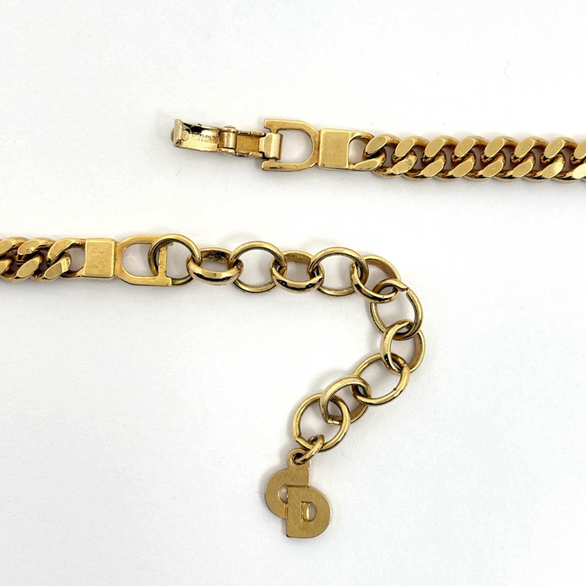 Christian Dior Rhinestone Chain Necklace, Color Stone GP Gold, Green, Women's