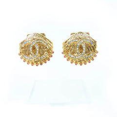 CHANEL G23C Coco Mark Rhinestone Shell Design Earrings, Gold, with Box, Made in France, Women's — Like New