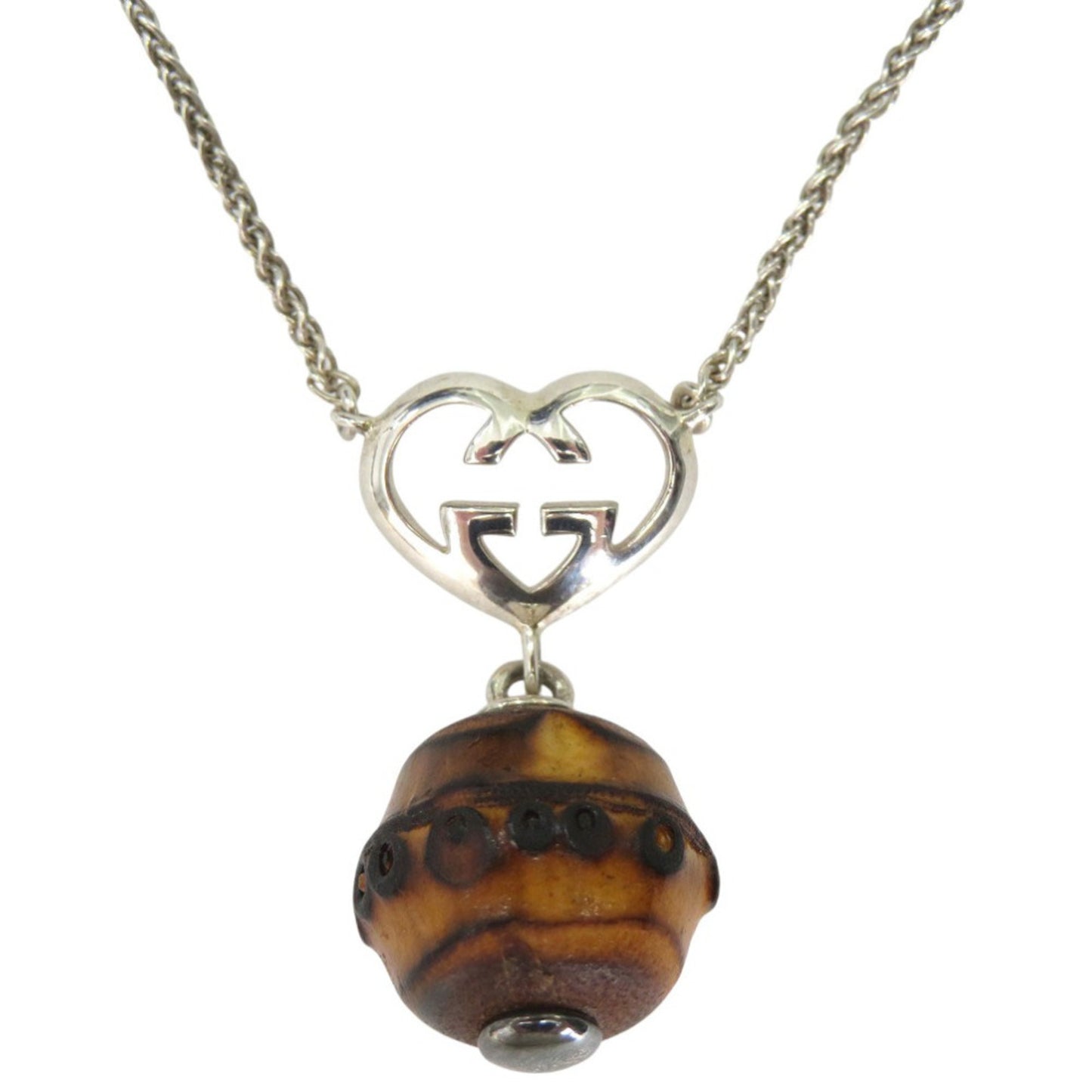 Gucci Interlocking G Heart Pendant Necklace in Sterling Silver with Bamboo Finish (0530)