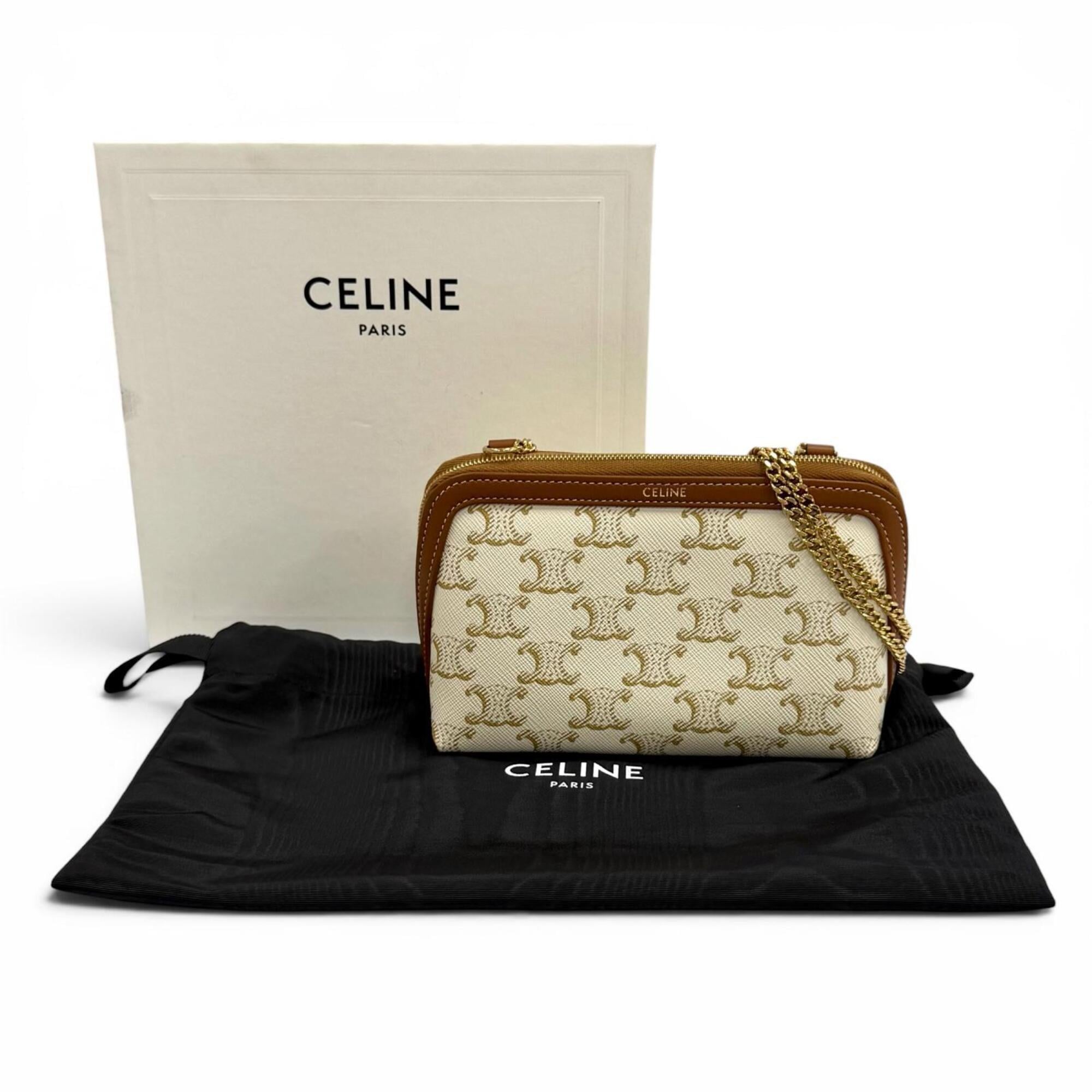 CELINE 10E382CBX Triomphe Canvas Logo Chain Clutch Bag Shoulder Off-White Brown Made in Italy Women's Comes with Box and Dust — Like New
