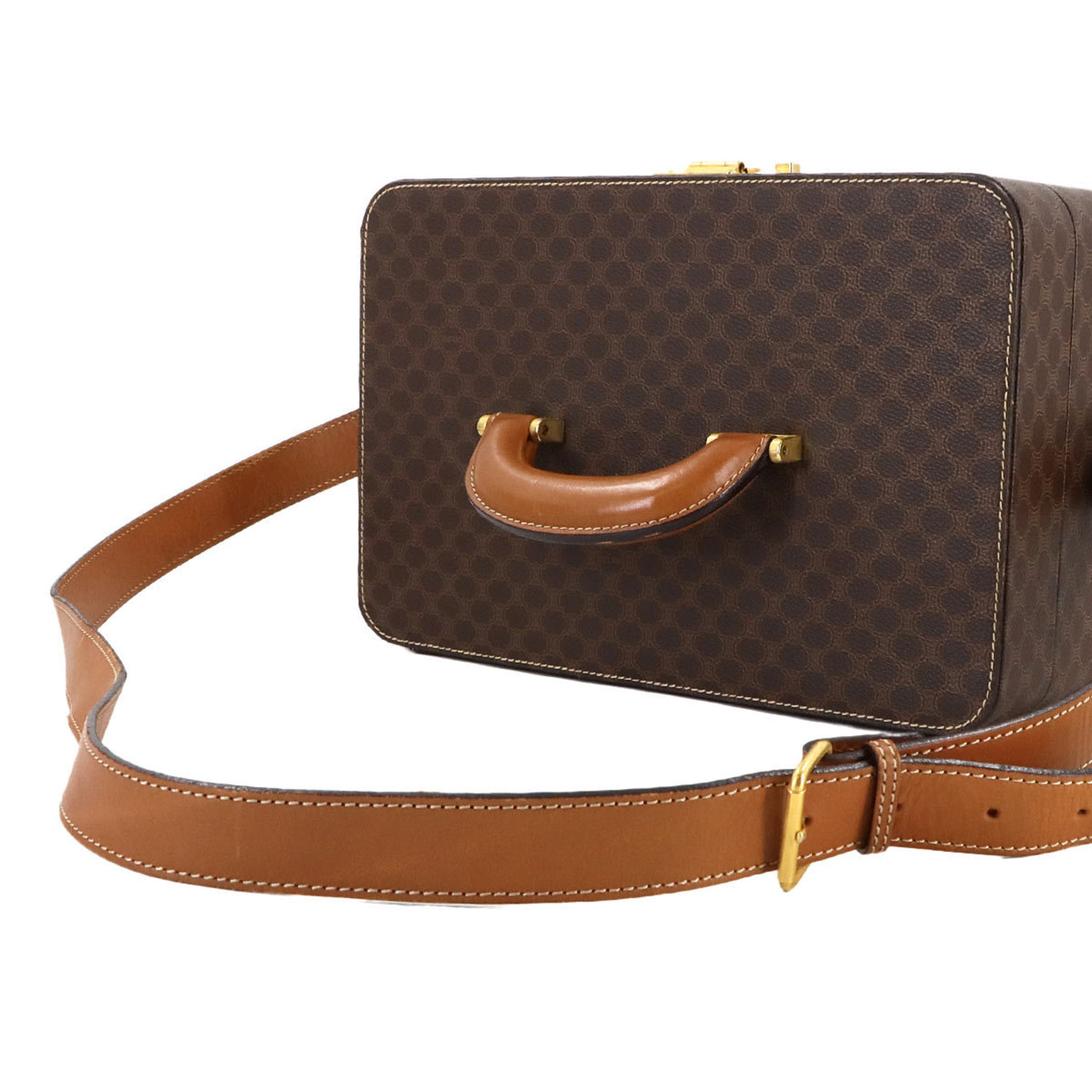 Celine Macadam Vanity 2-way hand/shoulder bag in brown PVC leather with gold hardware.