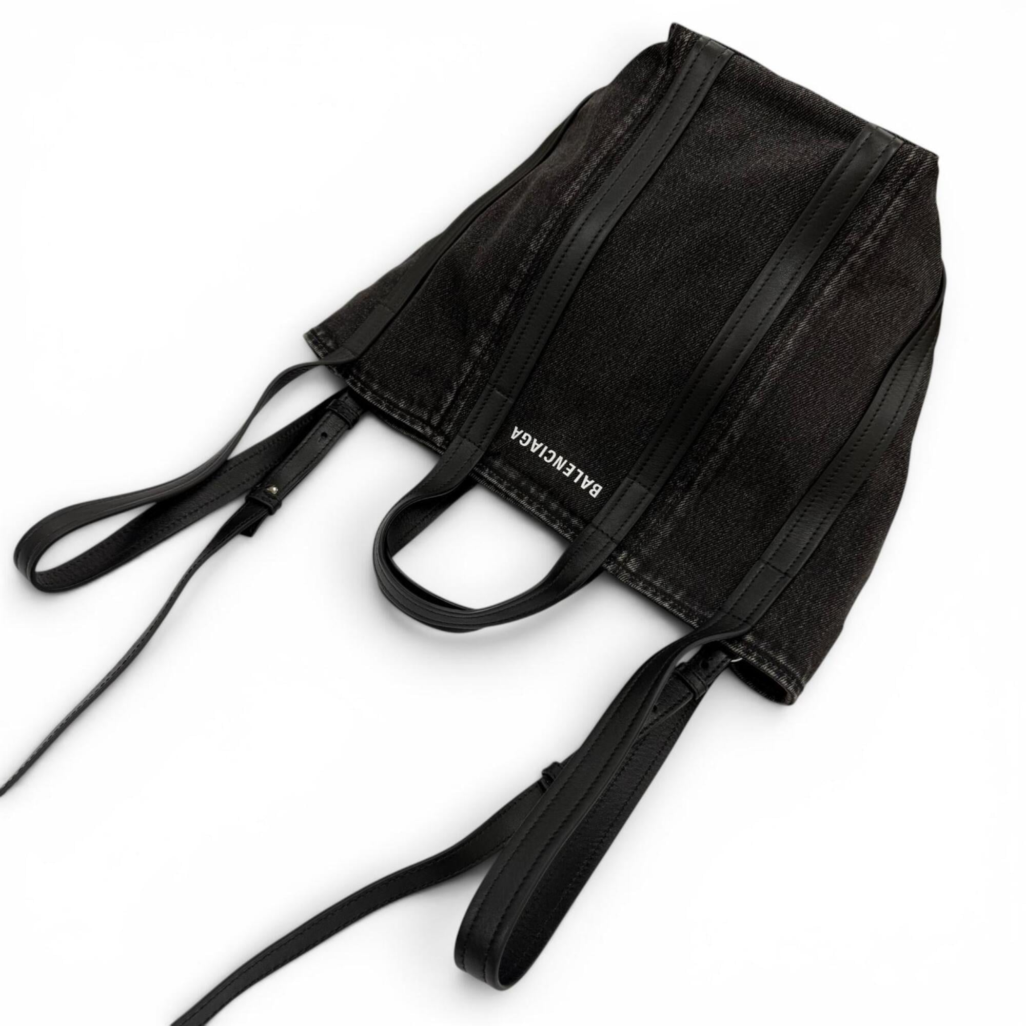 BALENCIAGA 672791 Everyday North-South Small Denim Leather 2-Way Shoulder Bag/Handbag, Black, Women's, with Dust Bag — Like New