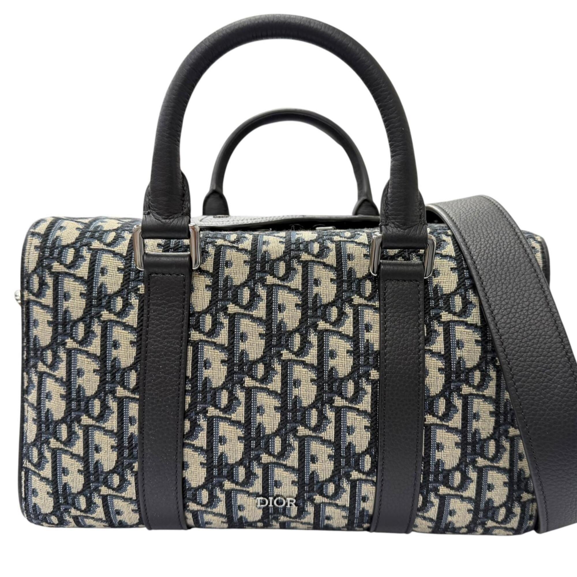 DIOR Homme 1ADDU114 Lango 26 Leather Oblique Jacquard Saddle 2-Way Shoulder Bag, Beige/Navy, Made in Italy, Men's, with Dust Bag — Like New