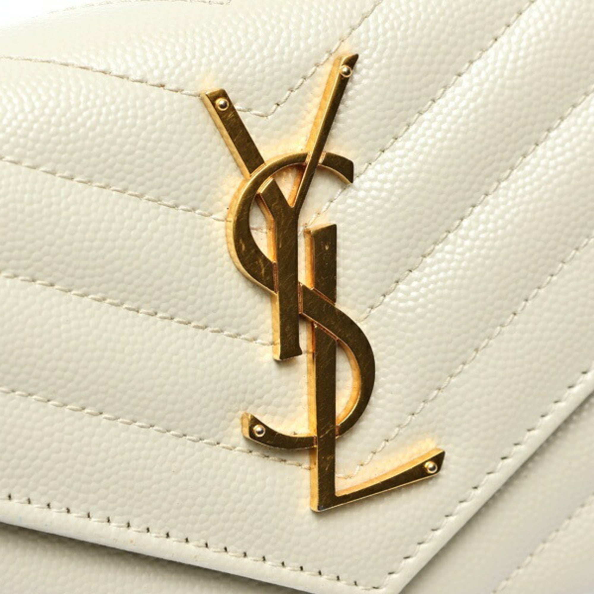 Saint Laurent Monogram Large Flap Wallet 372264 Grain de Poudre Embossed Leather Ivory S-159322