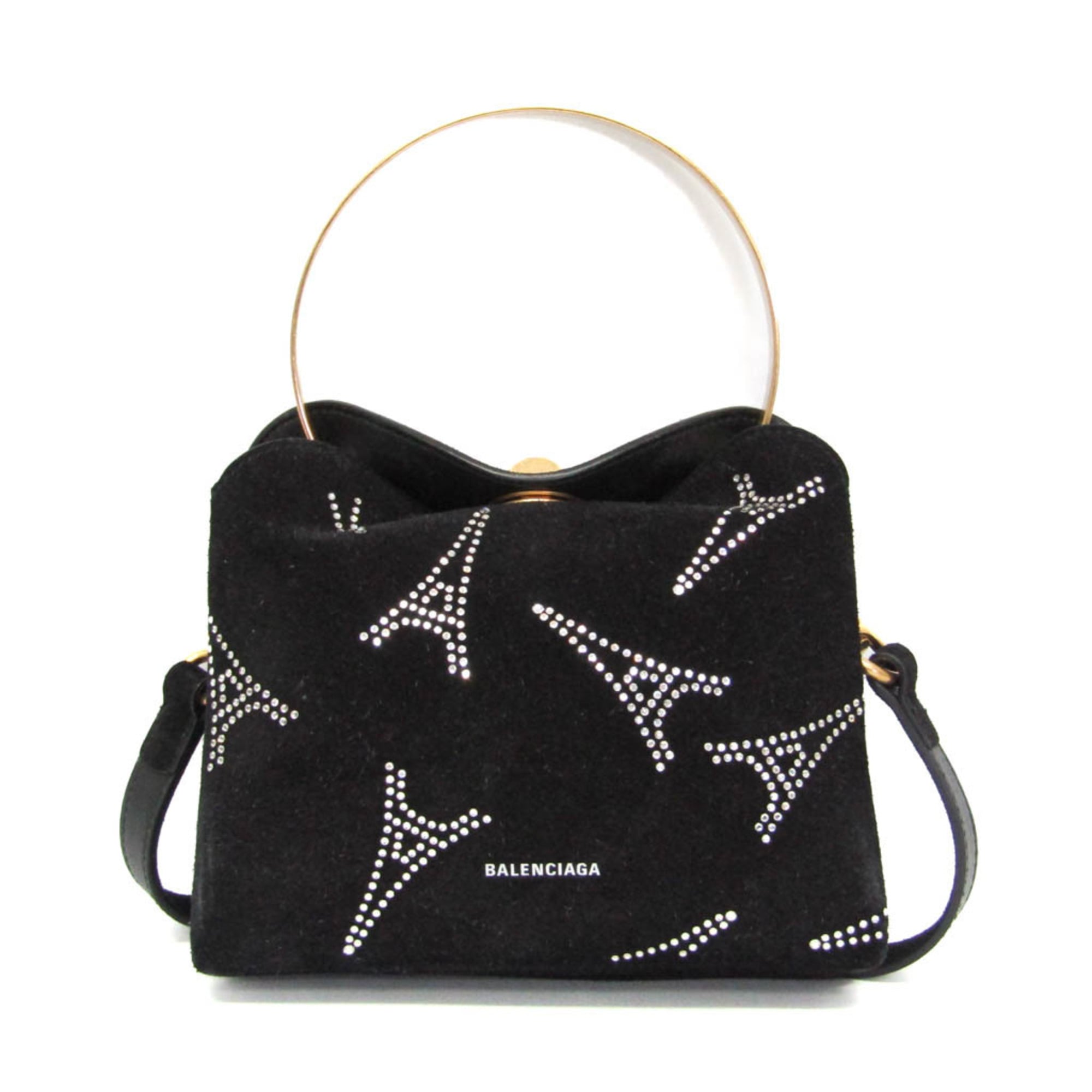 Balenciaga 570093 Women's Suede,Rhinestone Handbag,Shoulder Bag Gold,Black