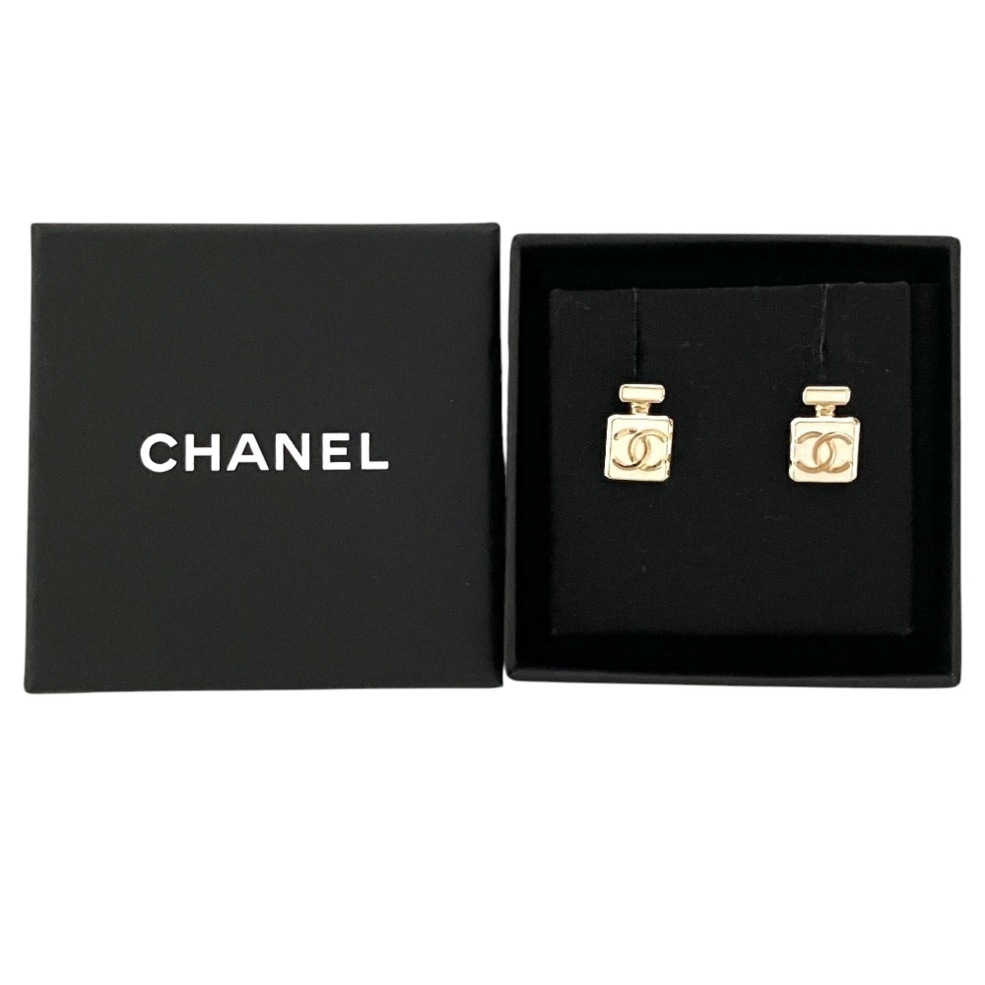 CHANEL L25P Perfume Bottle Motif Stud Earrings, White, Women's — Like New