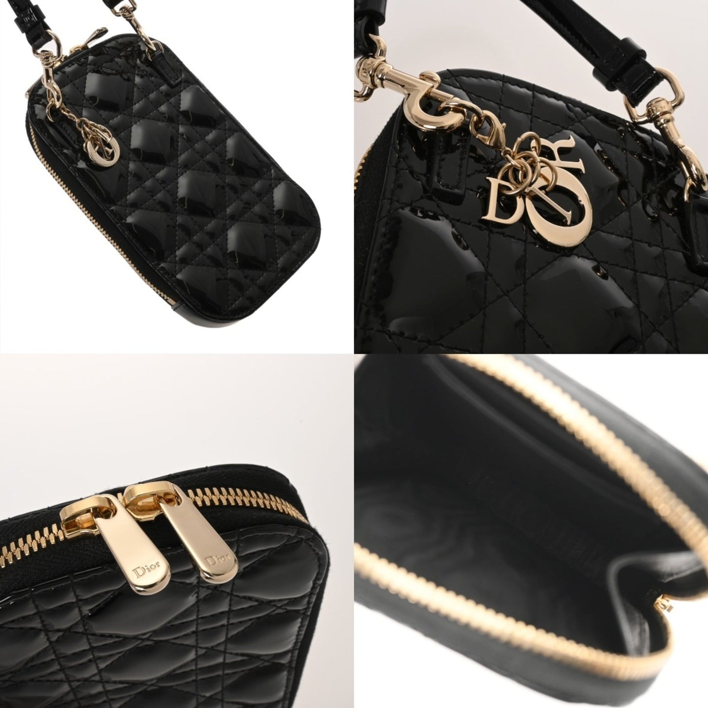 CHRISTIAN DIOR Callin Dior Phone Holder, Black, S08720VRB_M900, Women's Patent Leather Pouch, A-Rank, Pre-Owned, Ginzo