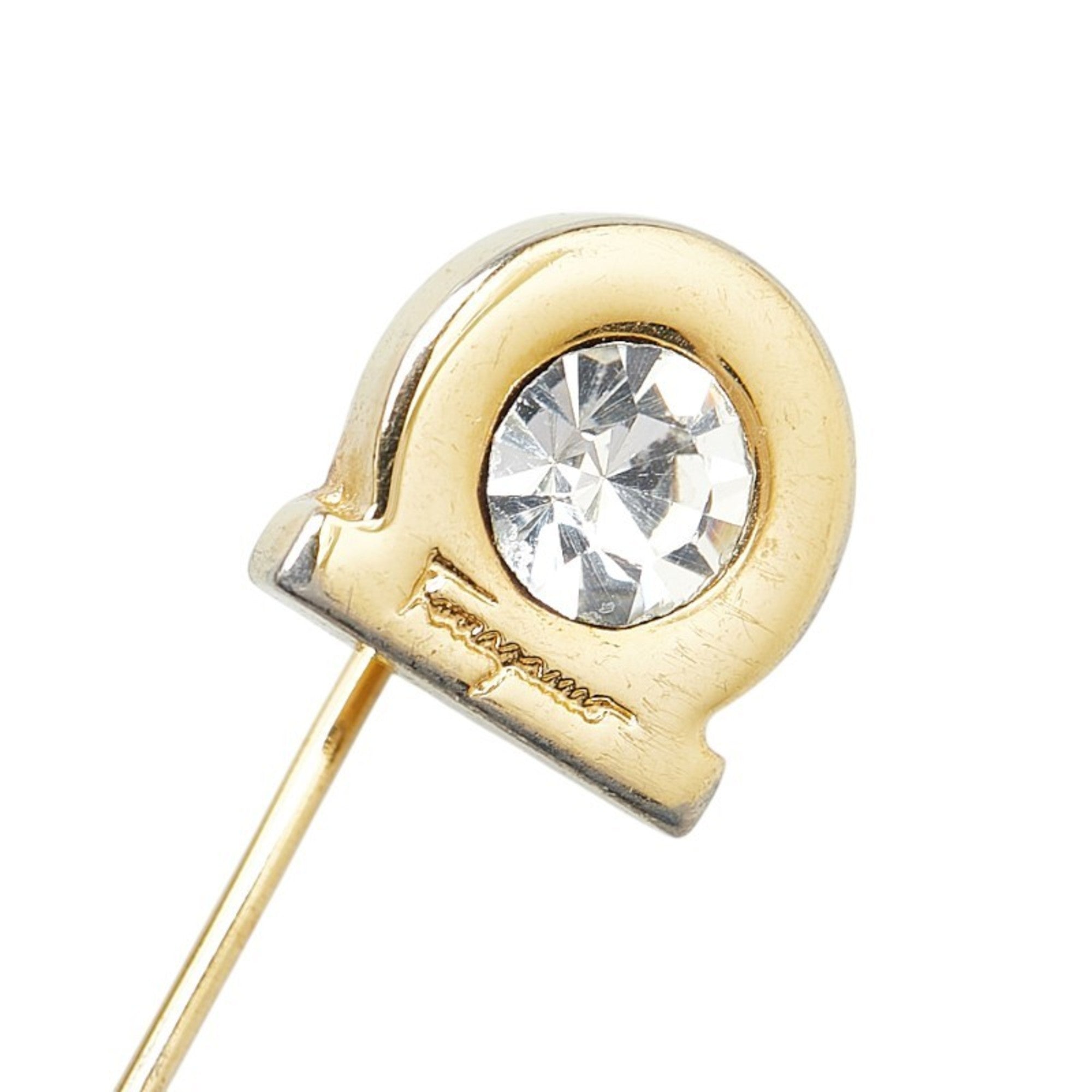 Salvatore Ferragamo Gancini rhinestone pin brooch, gold plated, for women.