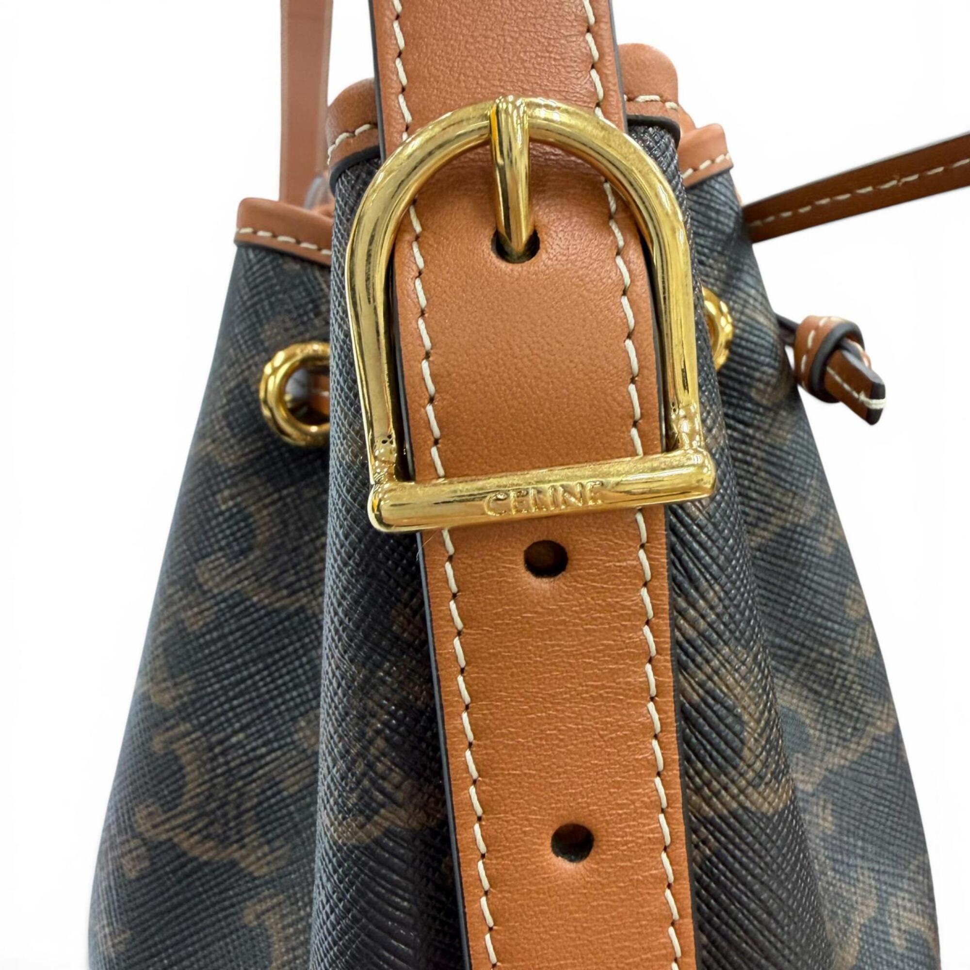CELINE 19114 Triomphe Small Drawstring Shoulder Bag, Canvas, Tan, Made in Italy, Women's, with Dust Bag — Like New