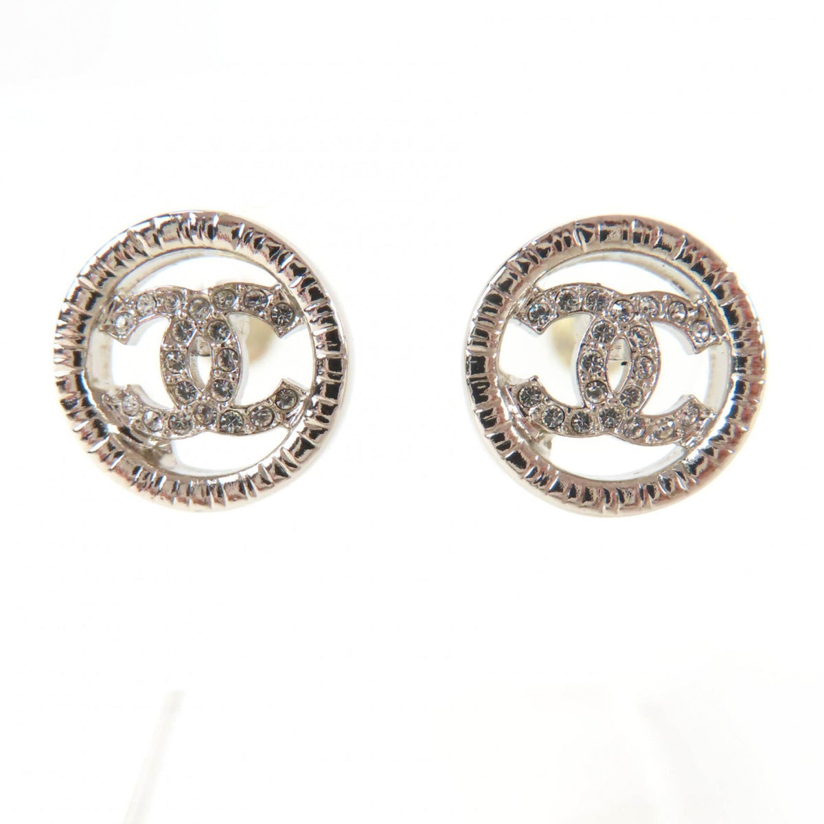 CHANEL AB9068 A22A Metal Coco Mark Rhinestone Circle Earrings, Silver, with Box, Made in France, Women's — Like New