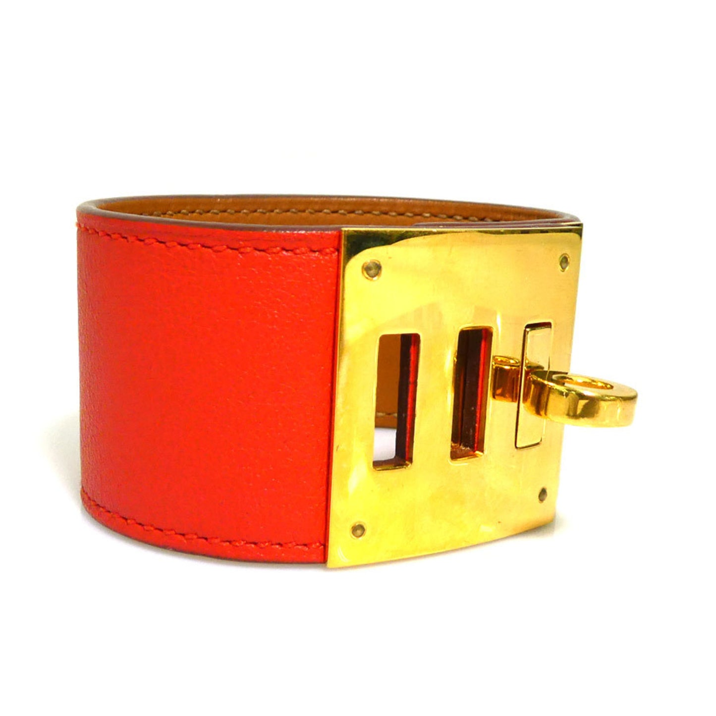 Hermes Kelly Dog Bracelet Leather Metal Orange Red Gold Women's e60389a