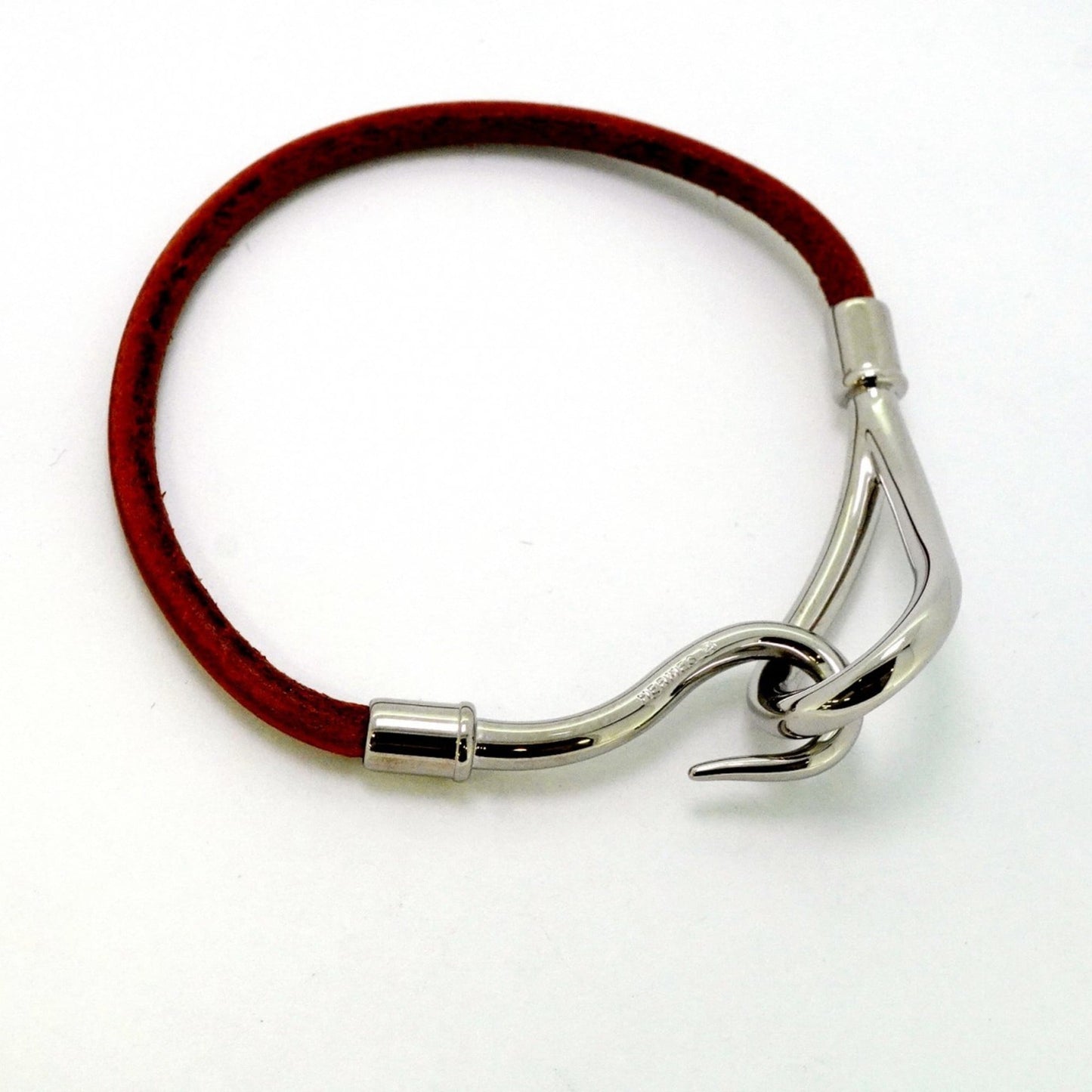 Hermes Jumbo Hook Bracelet, Metal, Leather, Silver, Brown, Women's