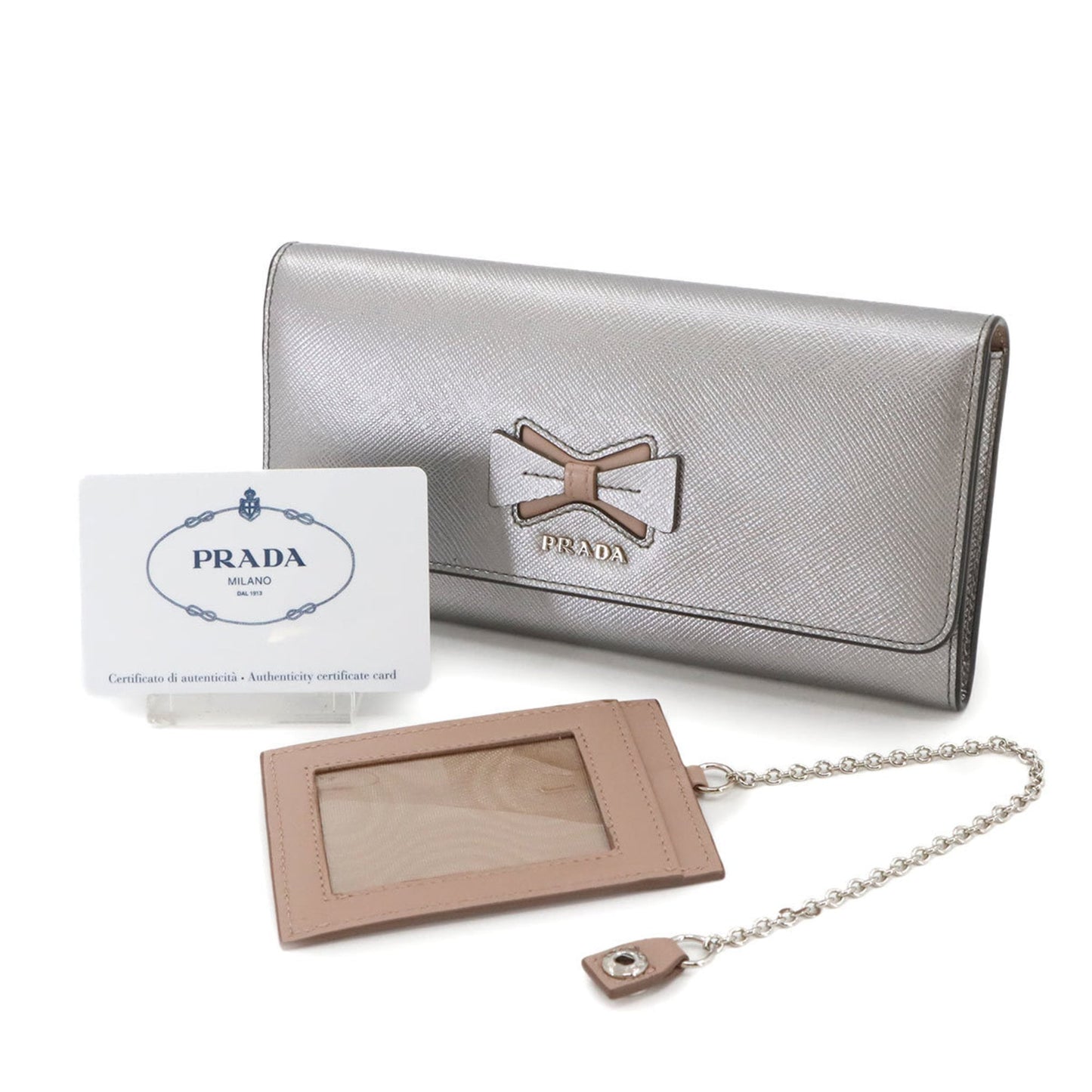 Prada Saffiano Bifold Long Wallet in Silver and Pink Beige Leather (1MH132) with Hardware