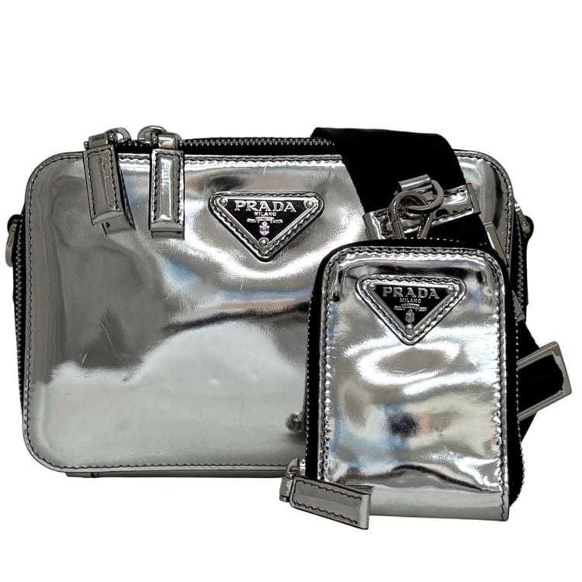 Prada Brick Shoulder Bag f-24855 Silver Black 2VH070 Leather 56 3 PRADA Crossbody Triangle Plate Men's Women's