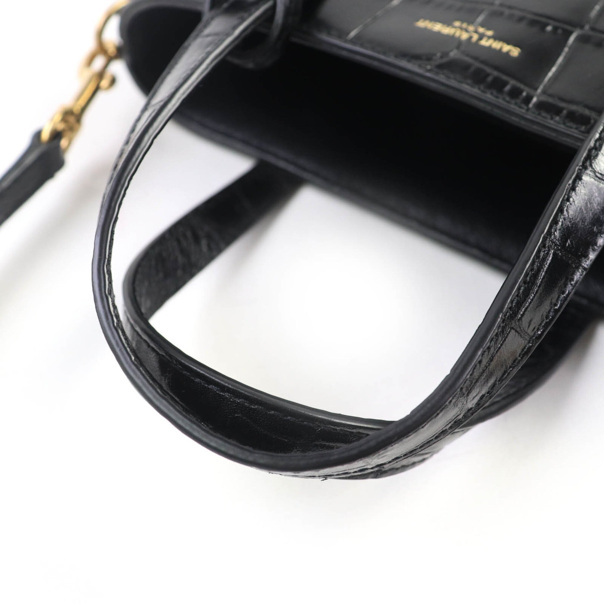 SAINT LAURENT 712367 Mini Toy Shopping Leather Crocodile Embossed 2-Way Handbag/Shoulder Bag, Black, with Box and Dust Made in Italy, Women's — Like New